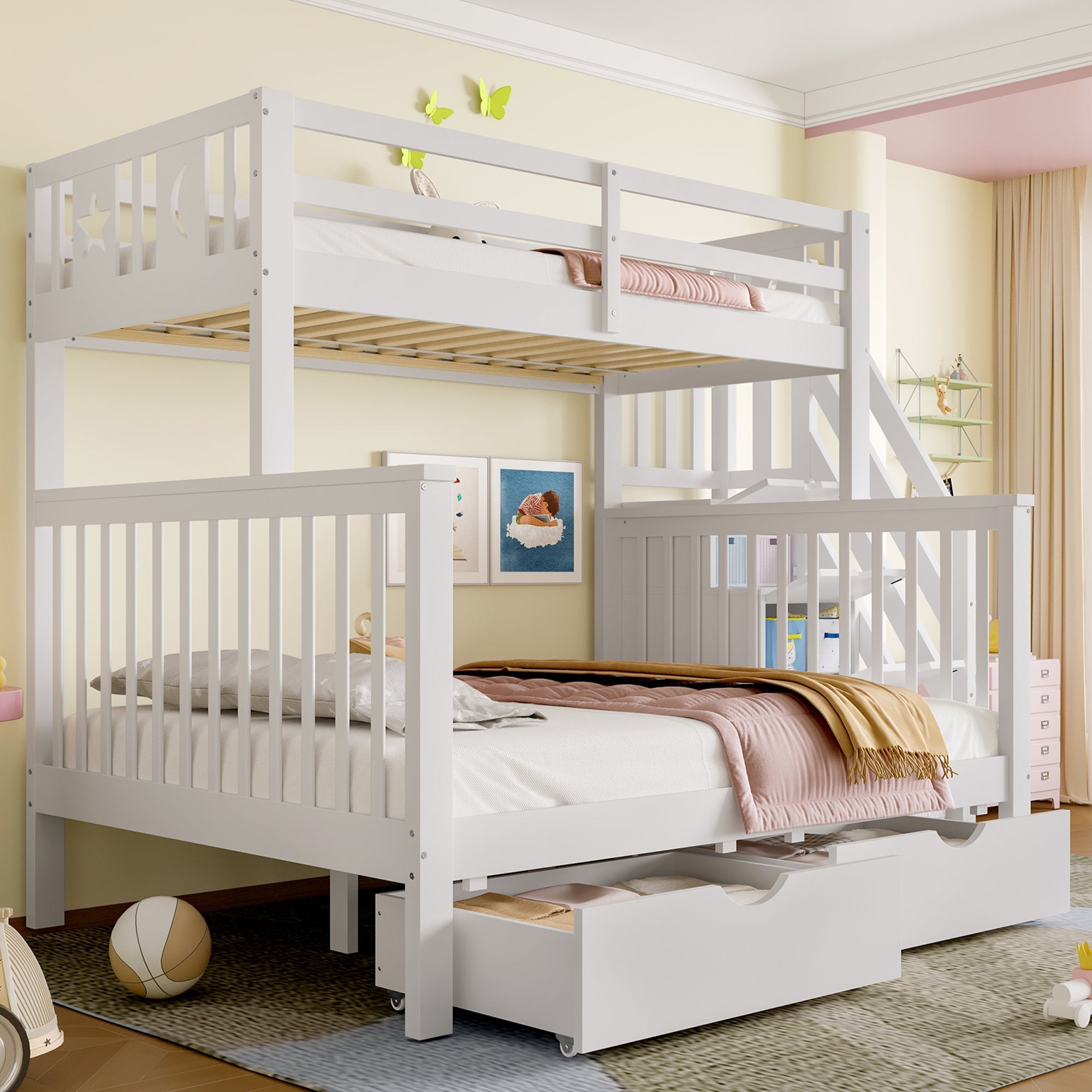 Bunk Beds for Kids, Double High Sleeper Frame with Storage & Guardrail, White