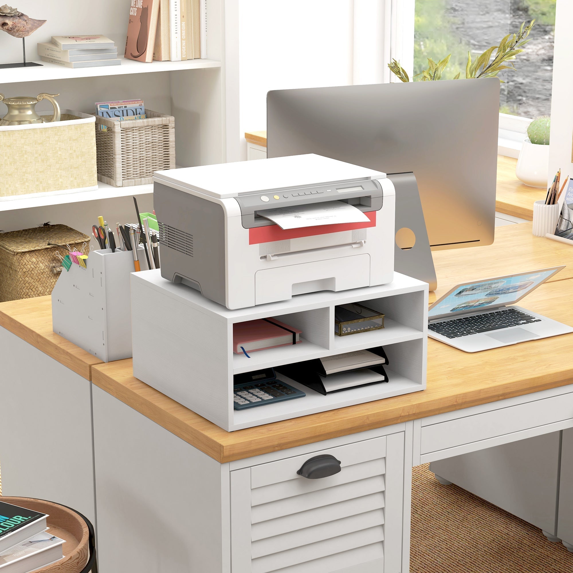 Printer Storage Cabinet, Three-Compartment, White