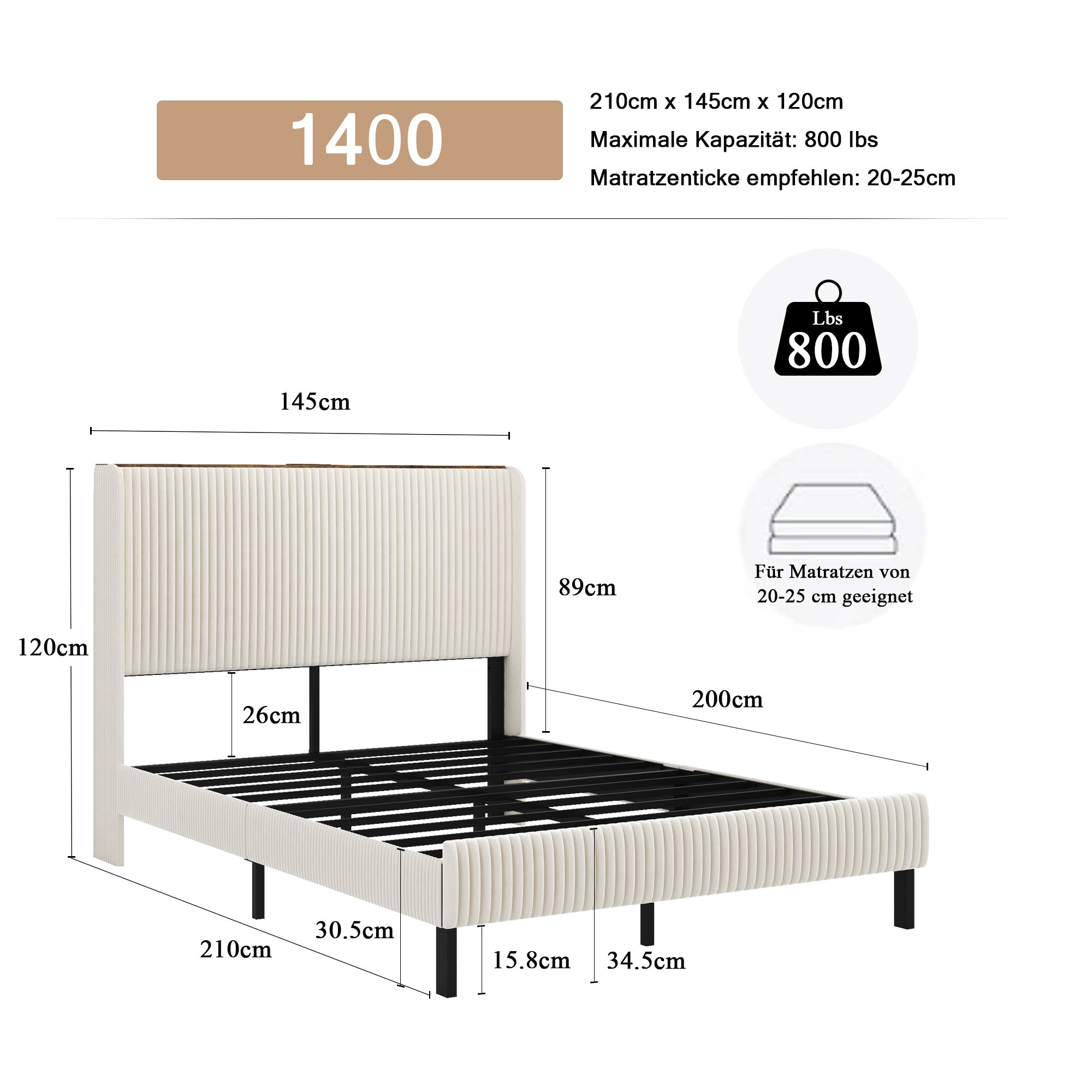 Bed Frame 140x200 Upholstered Platform Wing Edge Design Metal Slats Fabric Headboard