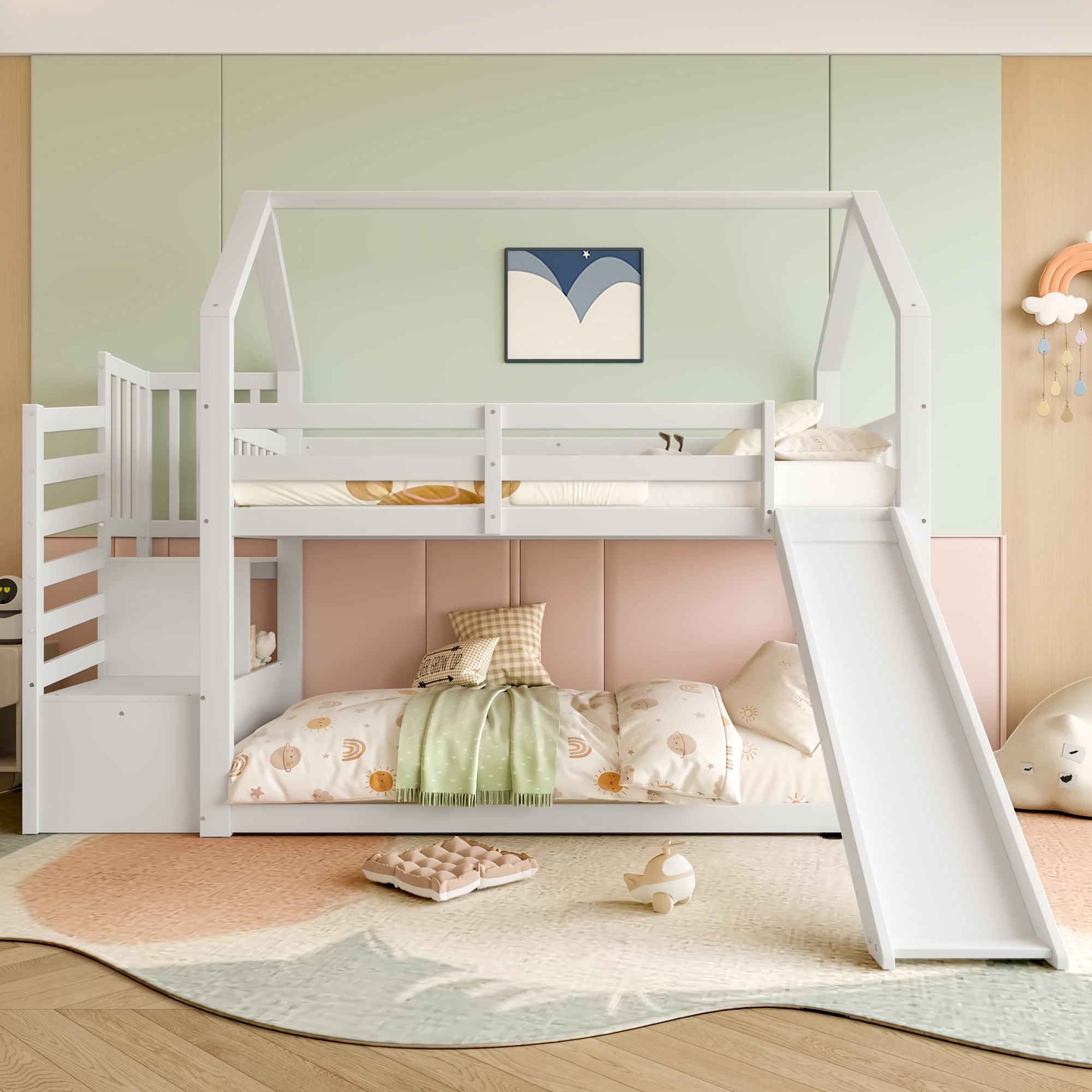 Bunk Bed House 90x200cm Storage Stairs Slide Railing - White