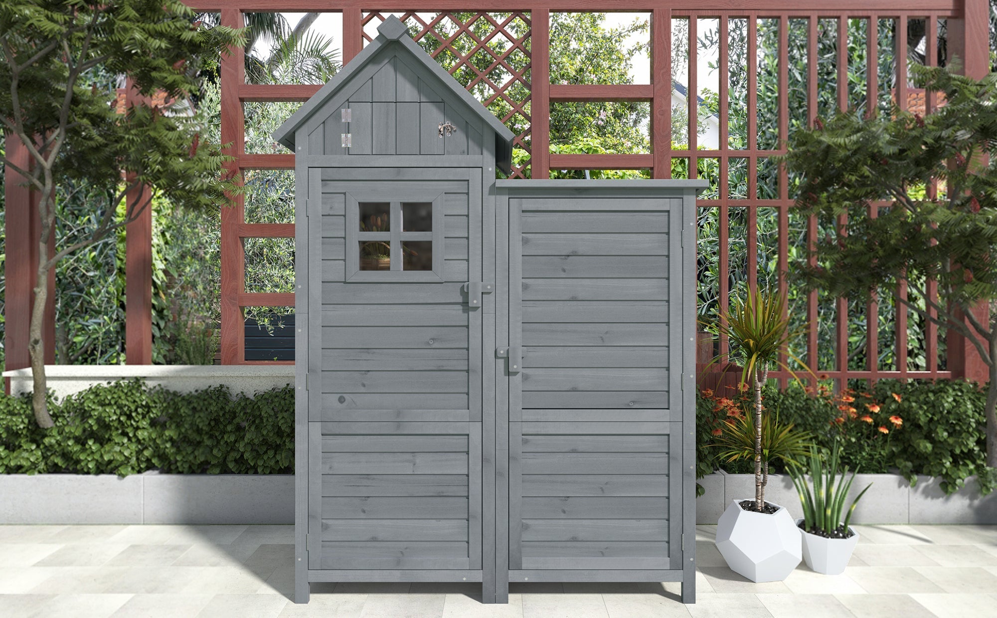 Outdoor Storage Shed with Weatherproof Double-Door and Large Storage, Grey Fir Wood