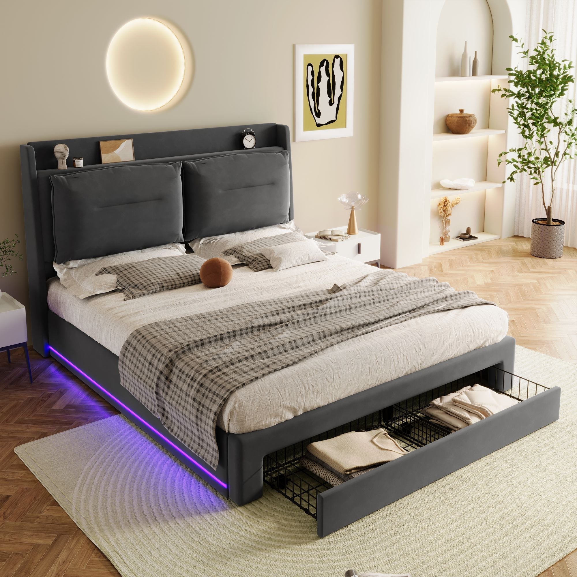 Upholstered Bed Double 4ft6 Hydraulic Storage LED Lights, Velvet Dark Gray