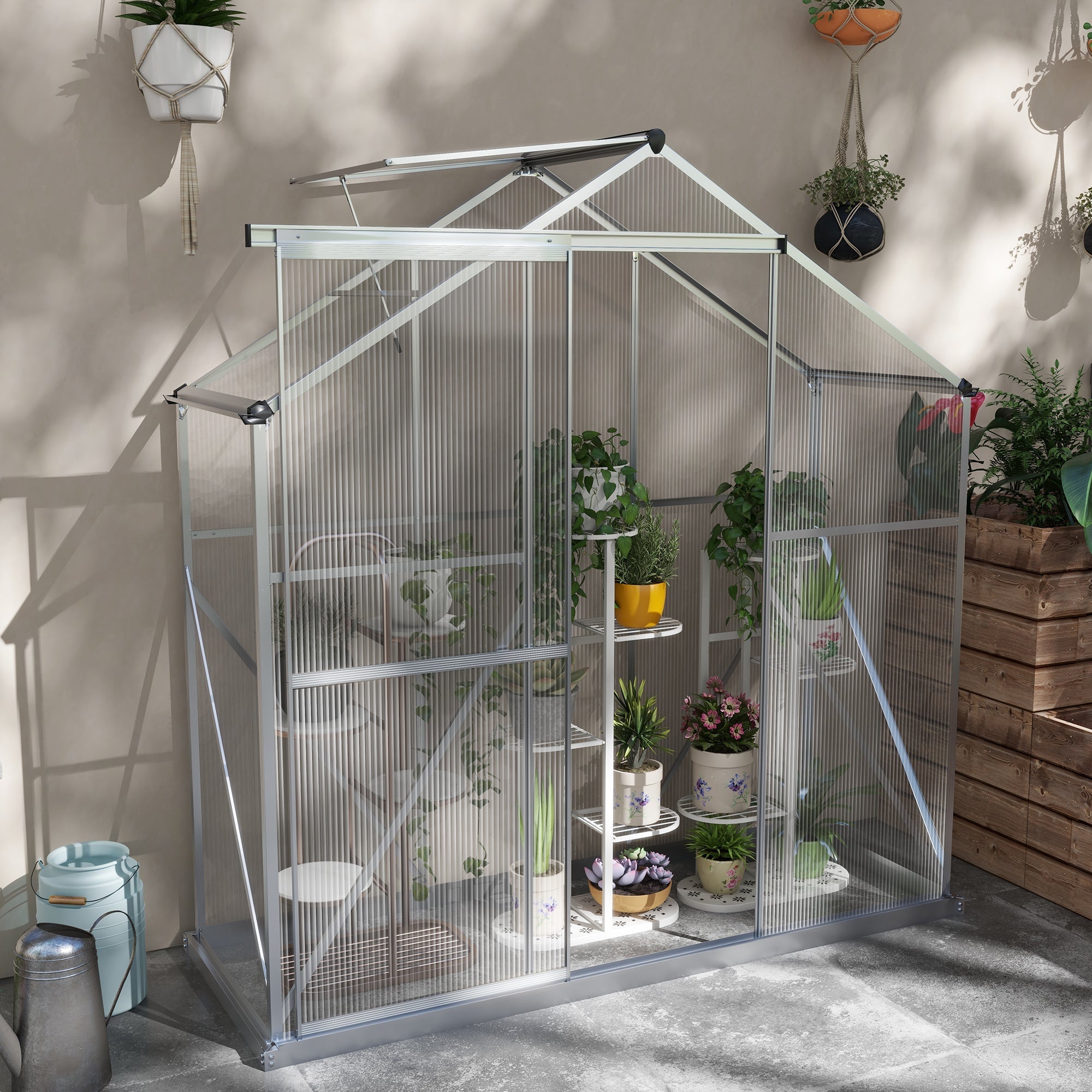 Greenhouse Walk-In with Rain Gutter Sliding Door Window Foundation, Polycarbonate Silver