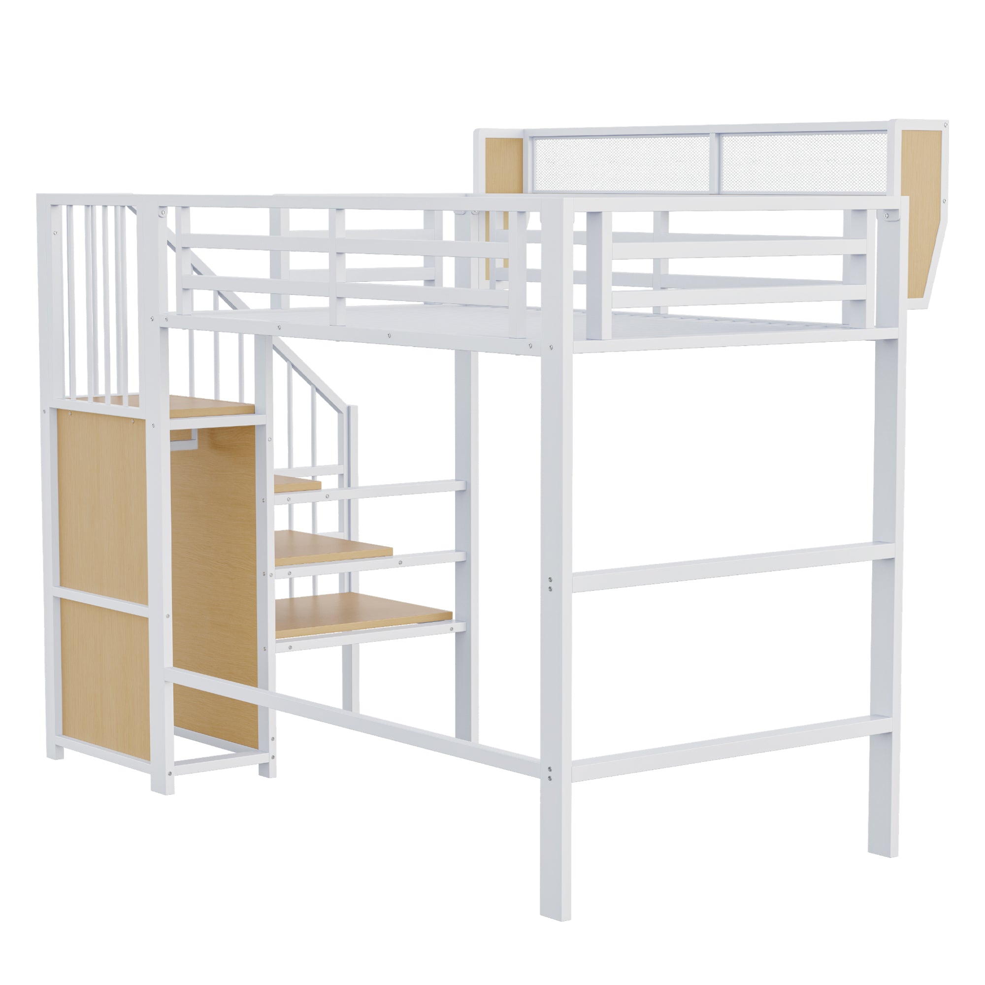 Loft Bed with Safety Ladder and Flexible Storage, 90x200cm, White Metal