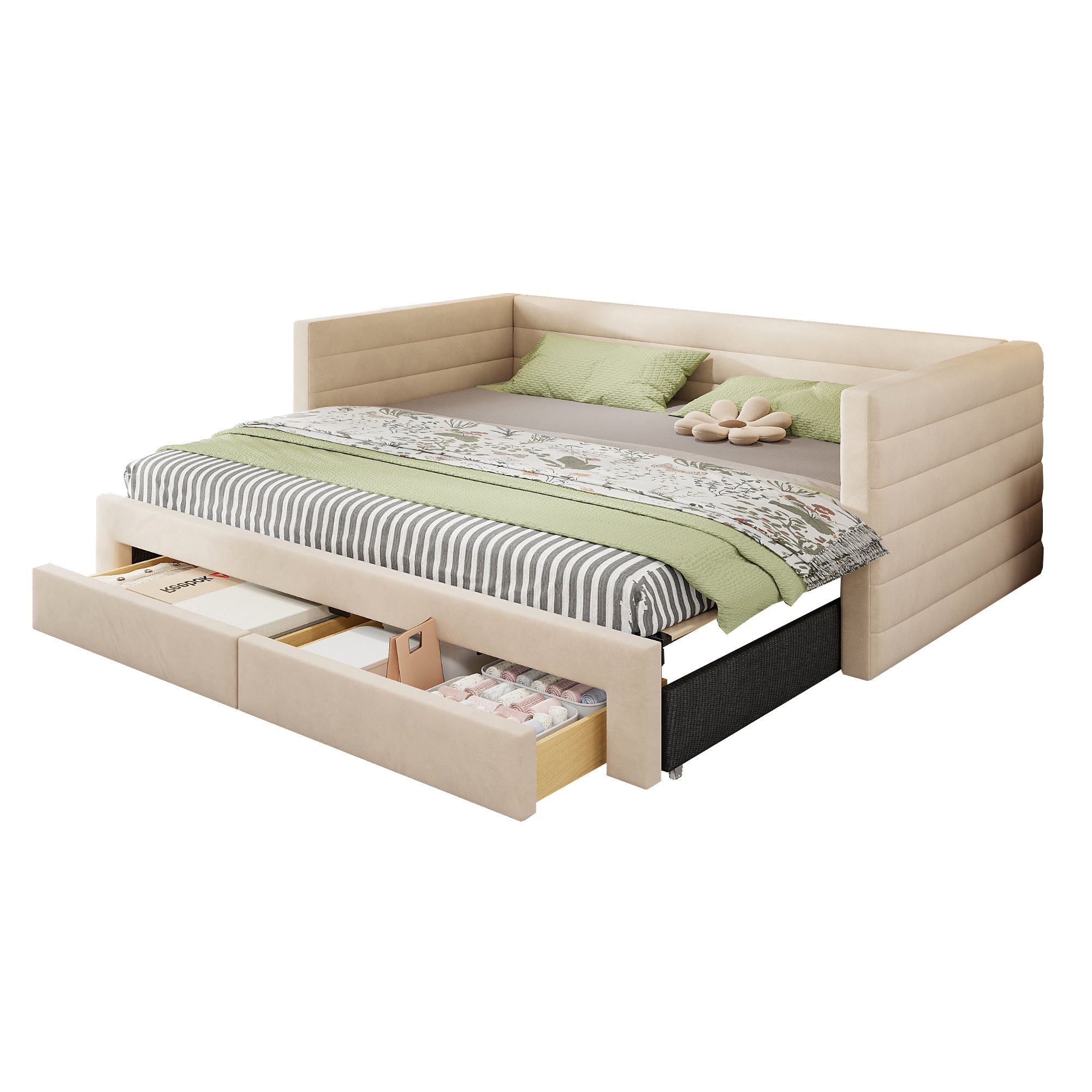3-in-1 Upholstered Sofa Bed with Drawers and Slatted Base, Cotton and Linen, Beige