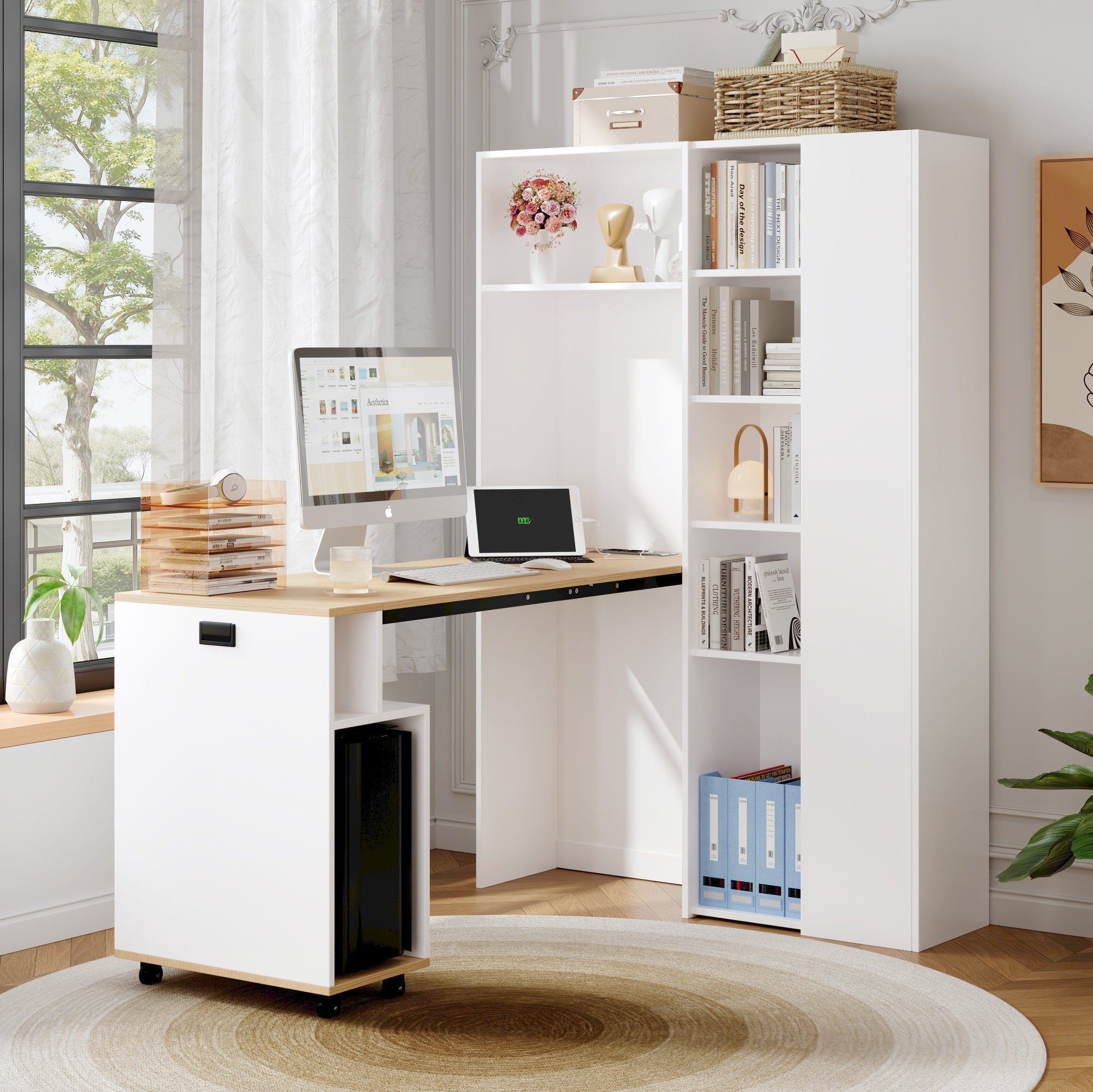 Folding Desk with Shelves, 2-in-1 Bookshelf, USB, Adjustable, White