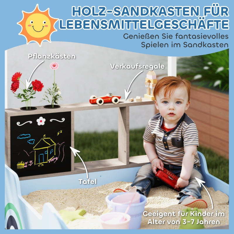 AIYAPLAY Sandpit with canopy, shop design, bench, drawing board, fir wood, blue