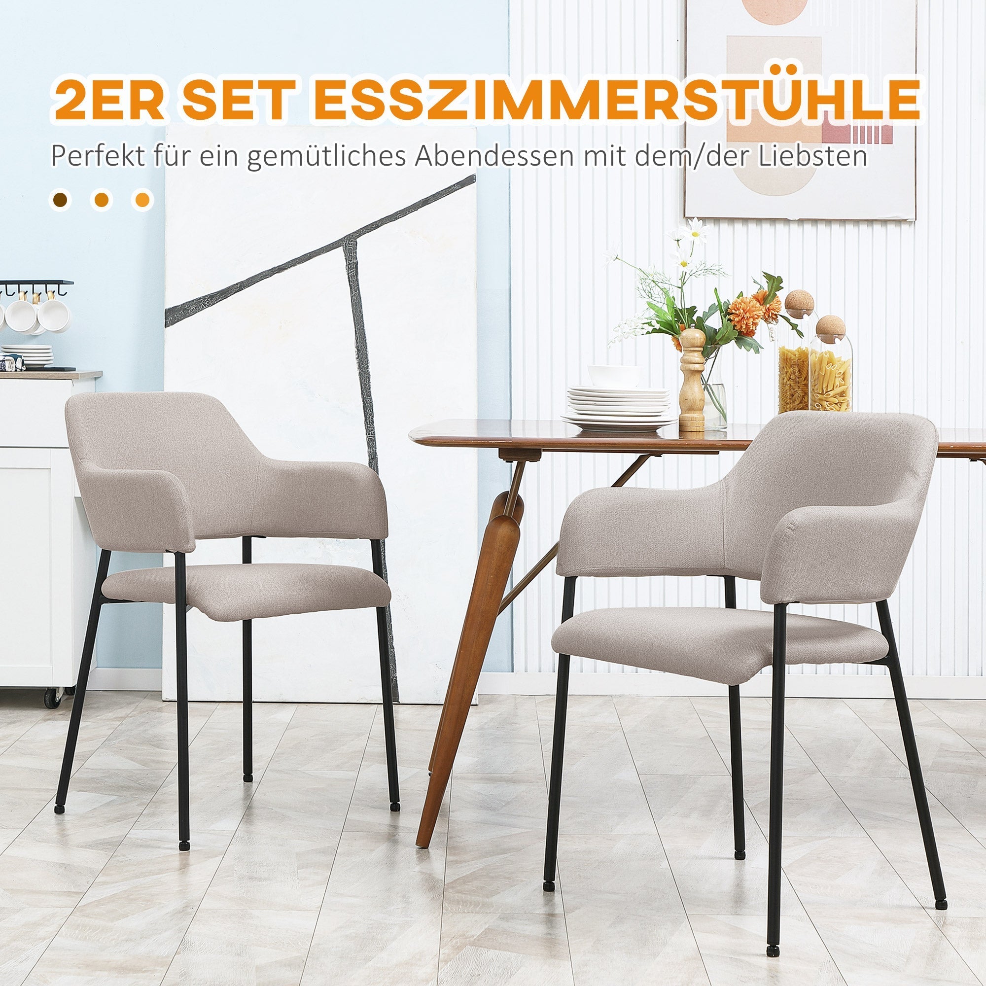 Esszimmerstühle 2er-Set, gepolstert, Stahlbeine, Beige