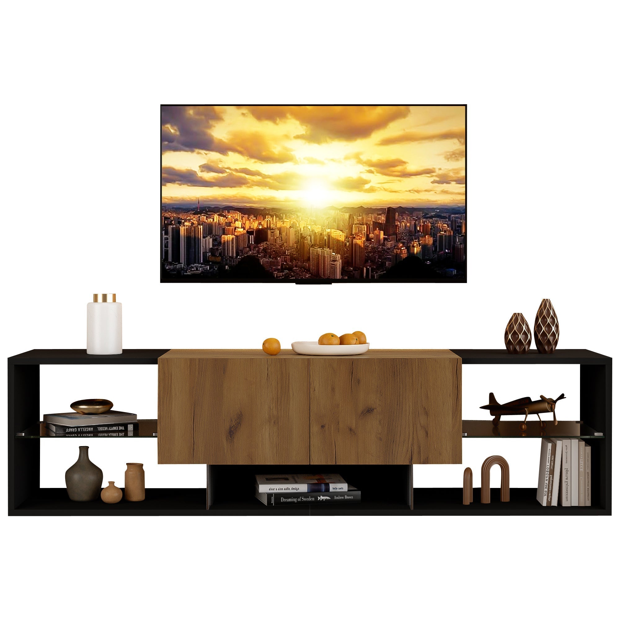 TV Console Cabinet, 3-Tier with Glass Shelf and 2 Drawers, Black