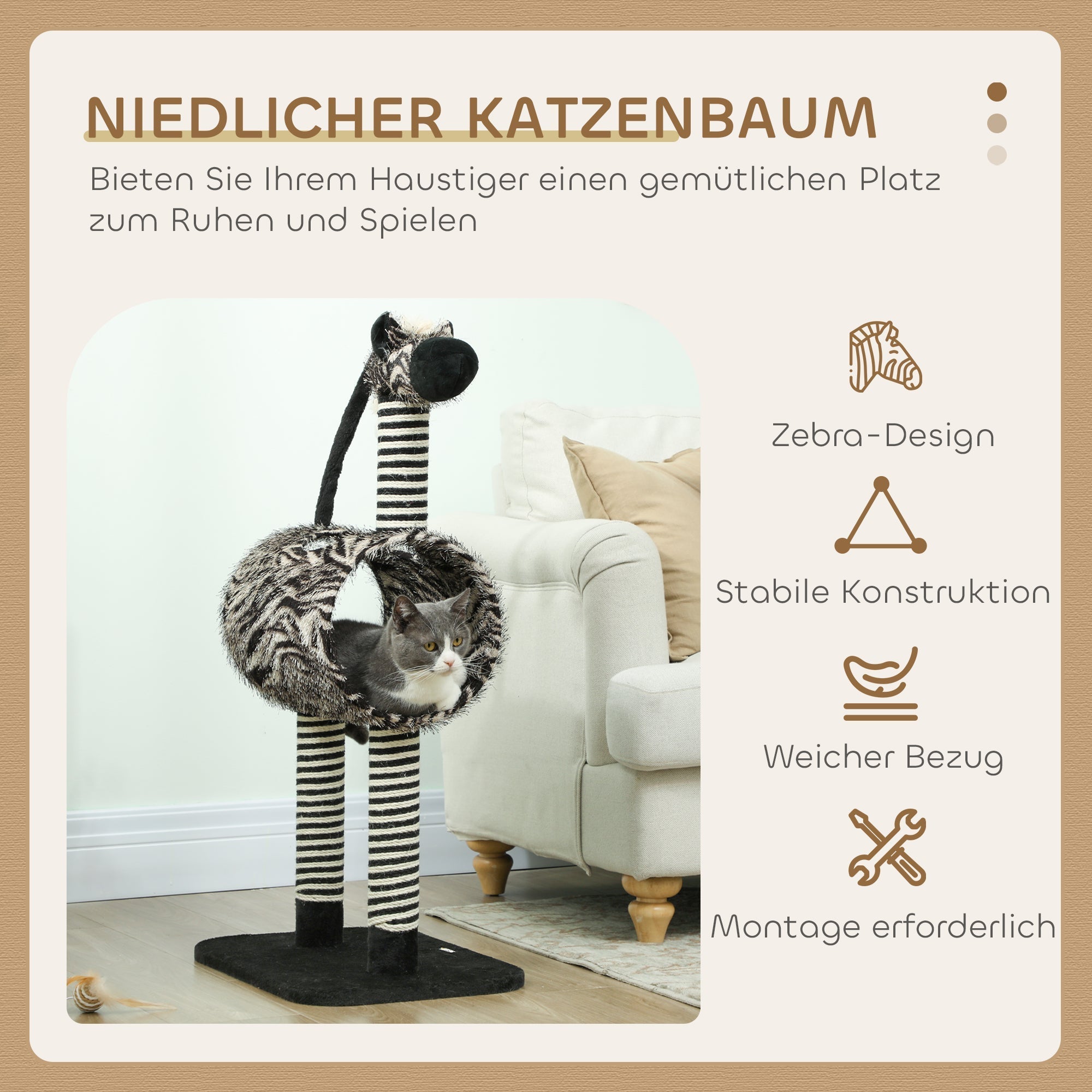 Cat Tree, 93 cm with Tunnel & Scratch Posts, Zebra Design, Black and White