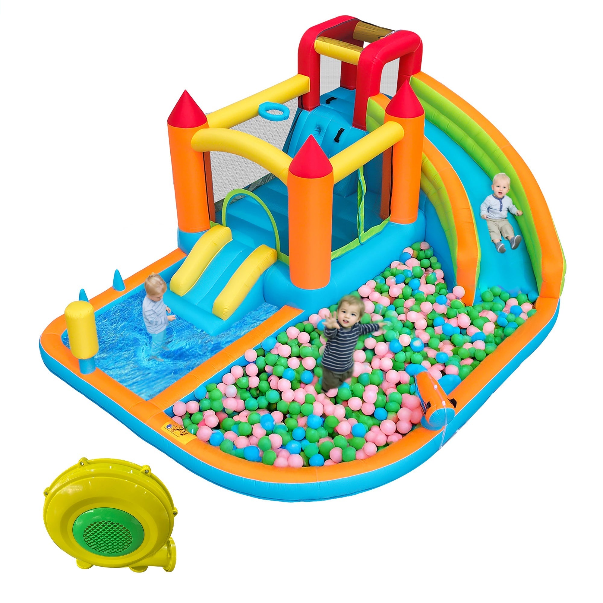 Multifunctional Outdoor Bouncy Castle with Blower, Water Slide, Trampoline, Basketball Hoop, Water Gun, 2 Pool Areas, 1 Large and 1 Small Slide