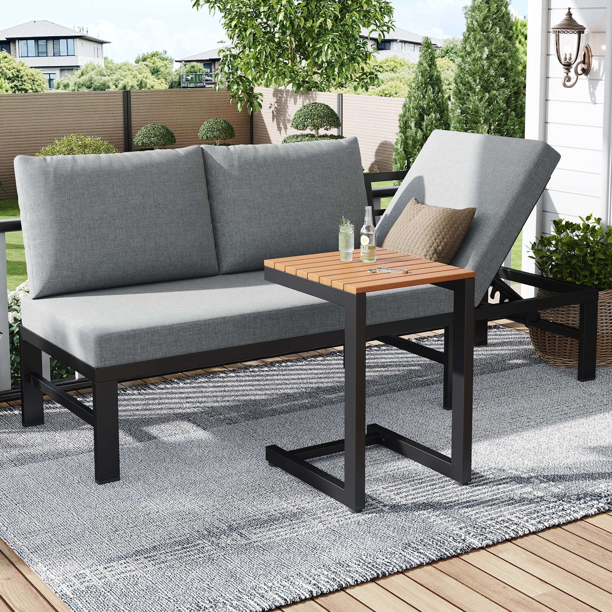 Garden Furniture Set, 3-Seater Outdoor Sofa with Reclining Function and Table, Grey
