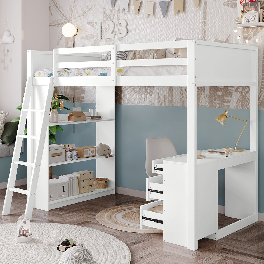 Wooden Bed with 4-Step Ladder, Desk & Drawers, 3FT 90x190cm, White