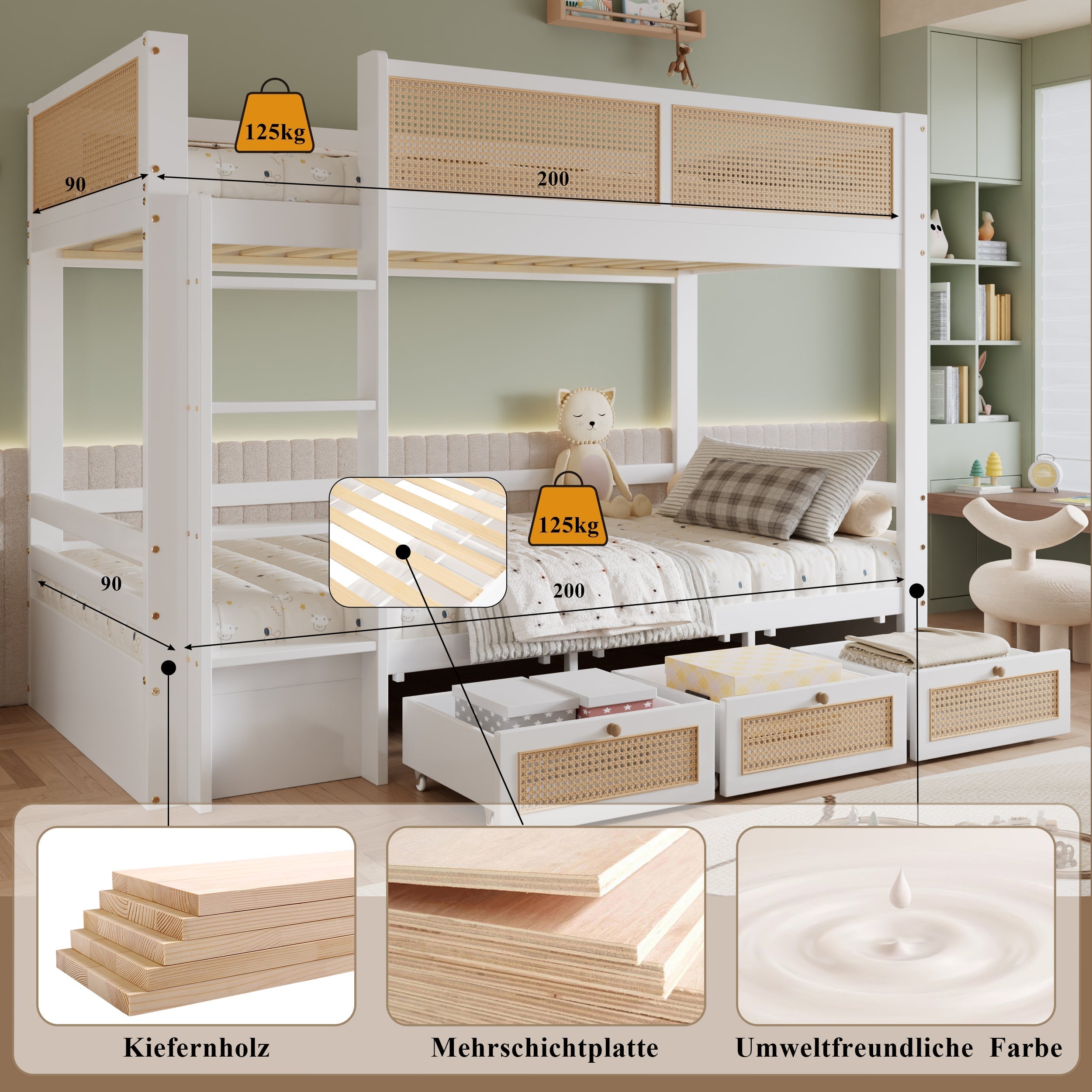Bunk Bed, Rattan Fence with Drawers & Safe Rails, Pine + MDF + Plywood, White + Natural, 90x200cm
