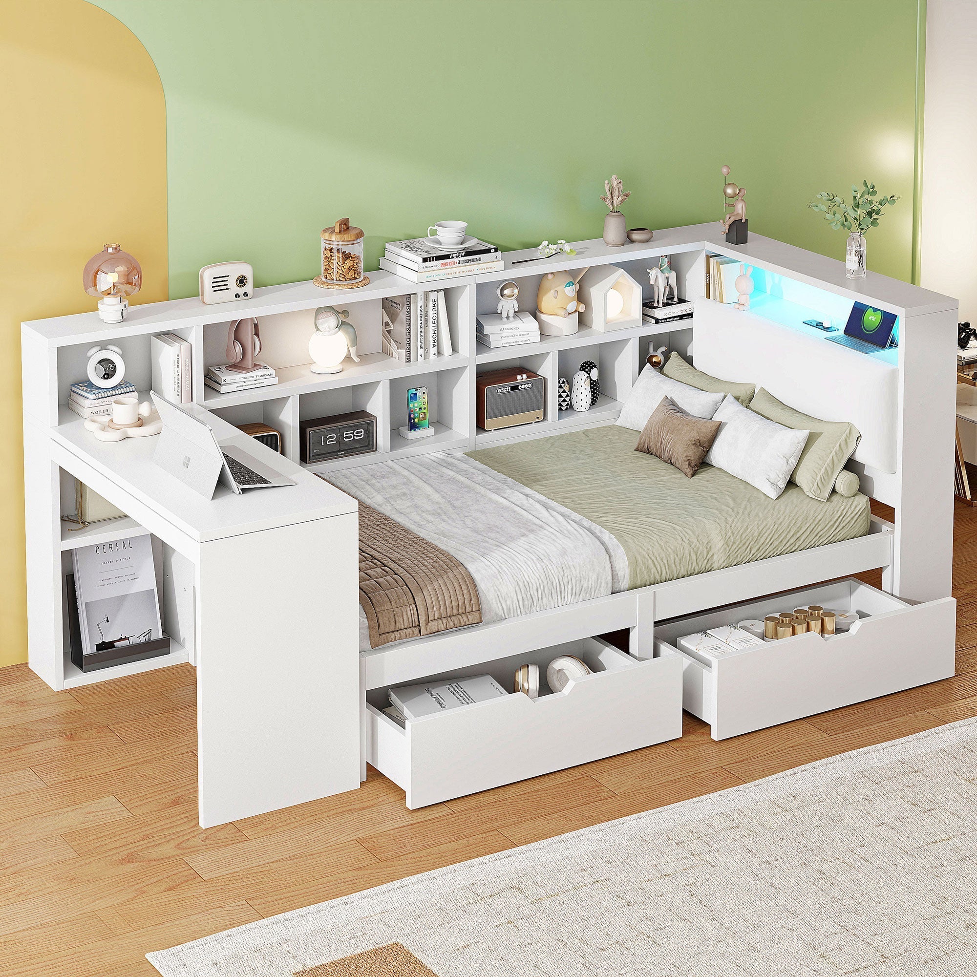 L-Shaped Platform Bed 90x200 Desk Bookshelf Drawers LED - White