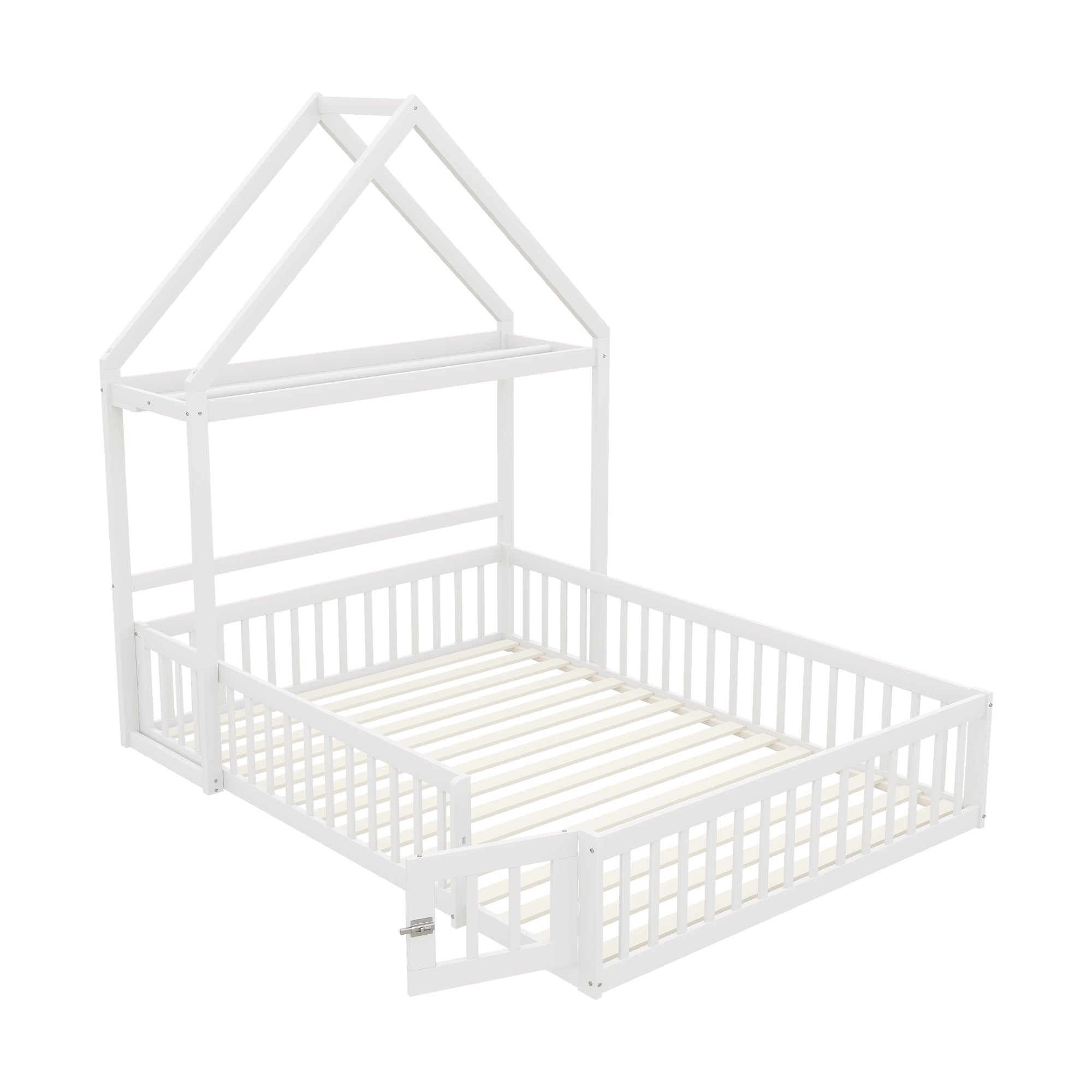 Children's Bed 140x200, Solid Wood Frame with Storage & Safety Gate, White