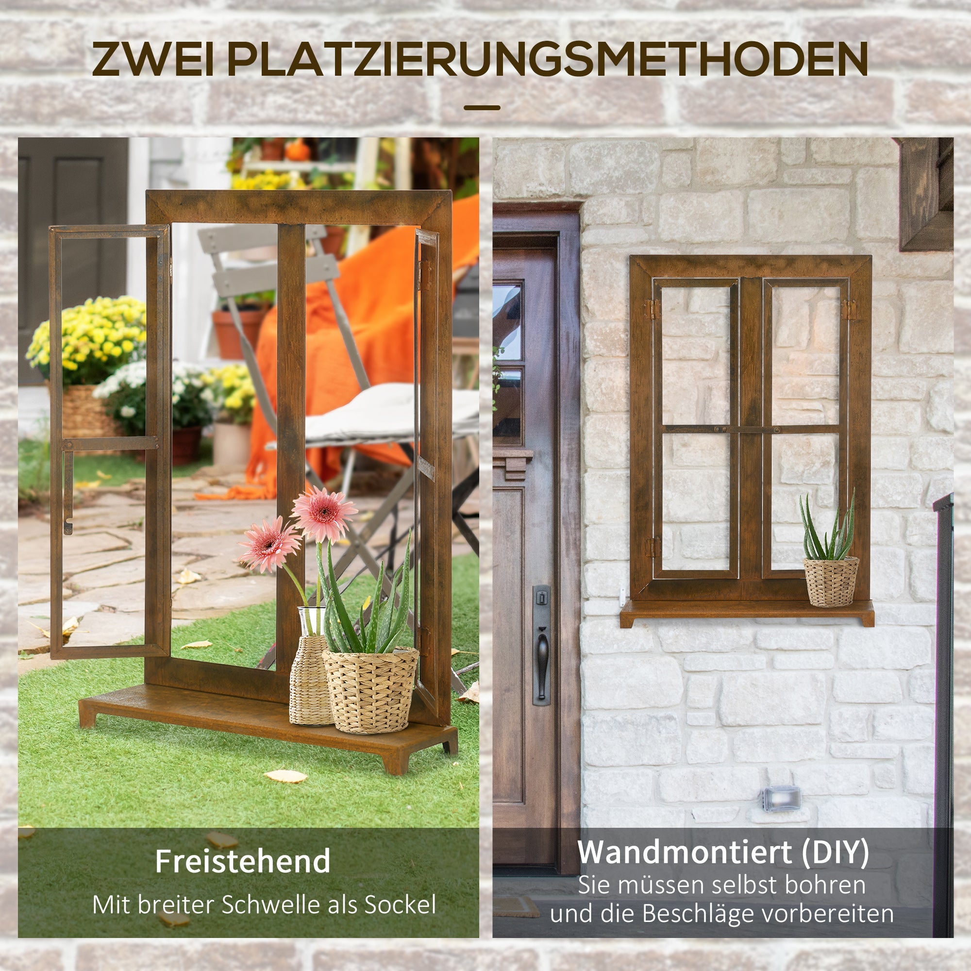 Iron Window Casement with Sill & Latch 55x80cm, Weathered Steel Rustic Brown