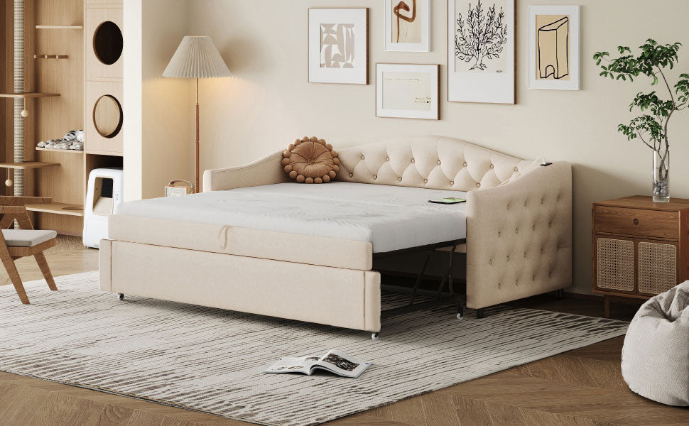 Upholstered Pull-out Sofa Bed with USB Port, Slatted Frame, Multifunctional - Linen Fabric, Beige