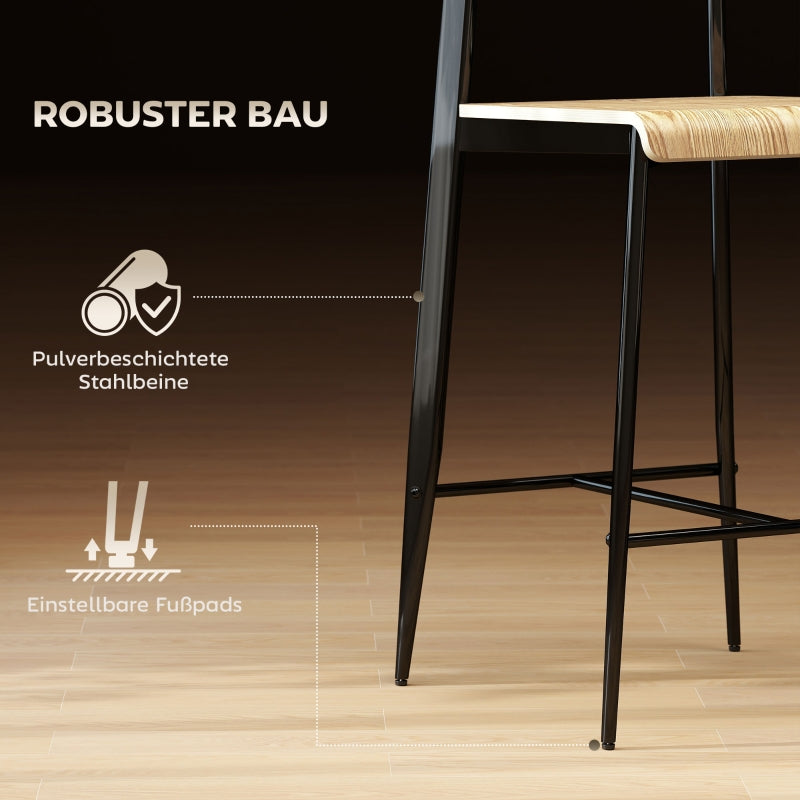Bar Stool Set of 2, Footrest, 66cm Height, Industrial Design, Natural Wood + Black