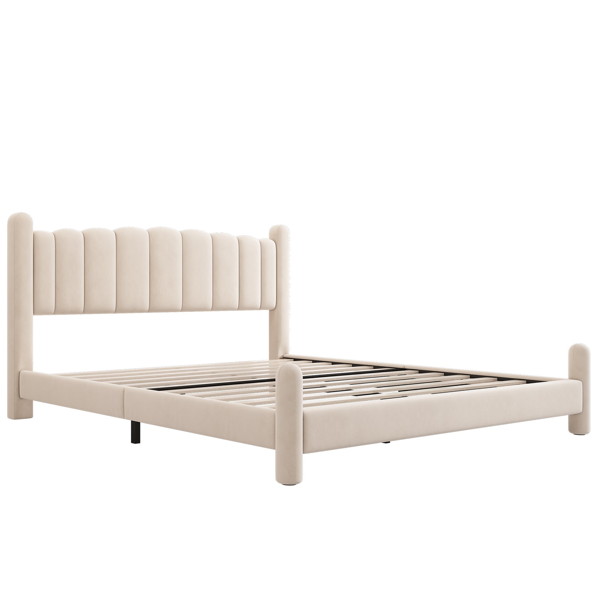 Upholstered Bed 180x200cm Slatted Base Fan-Shaped Headboard Beige Velvet