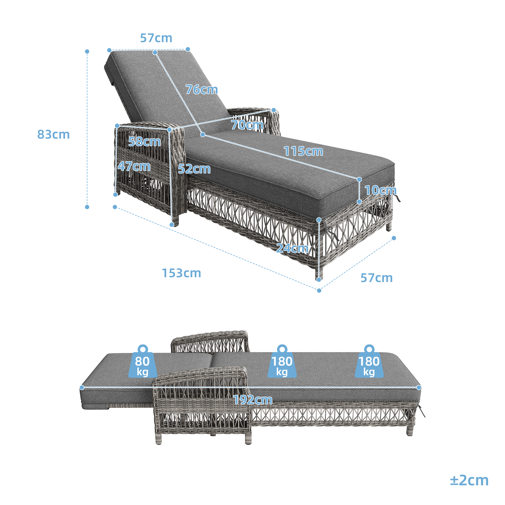 Outdoor Rattan Lounger Set of 2 with Adjustable Backrest and Removable Cushion, Grey