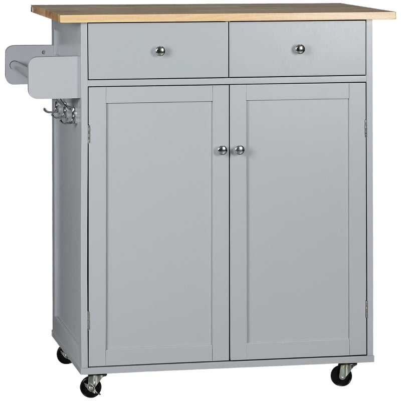 Rolling Kitchen Island, Serving Cart w/ Rubber Wood Top, Towel Rack & Storage, Grey