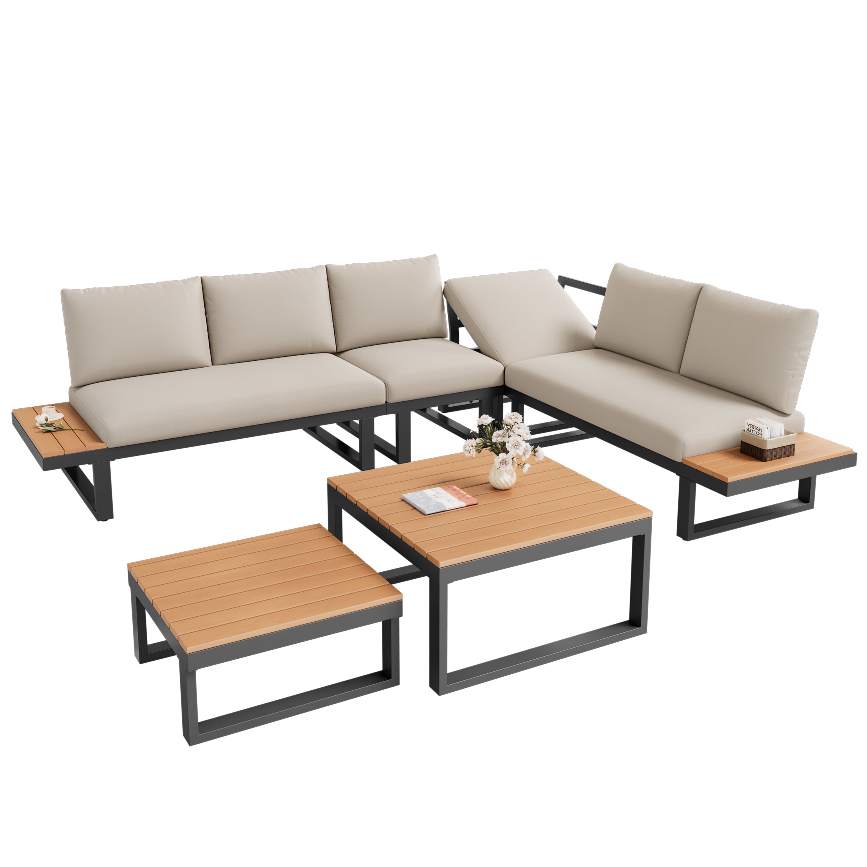 Garden Furniture Set with Adjustable Tilt Function and Two Coffee Tables, Beige and Black