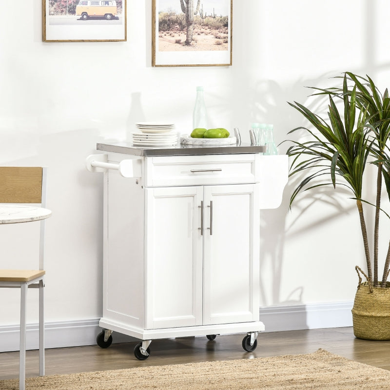 Wooden Kitchen Island Serving Cart Storage Trolley with Stainless Steel Top, Drawer, and Rack, White