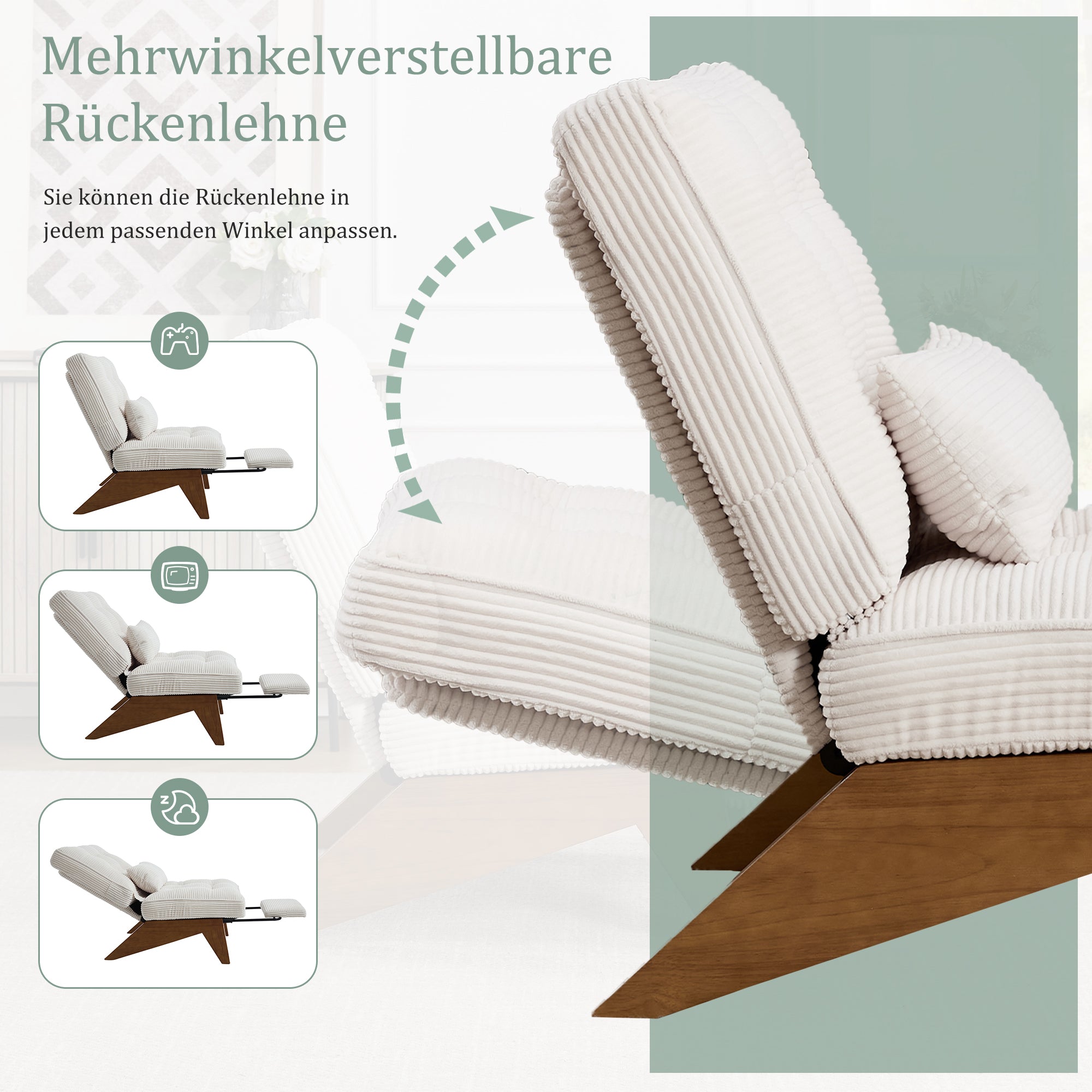 Modern Adjustable Backless Lounge Chair with Footrest, Lumbar Cushion, and Wooden Legs, Fabric