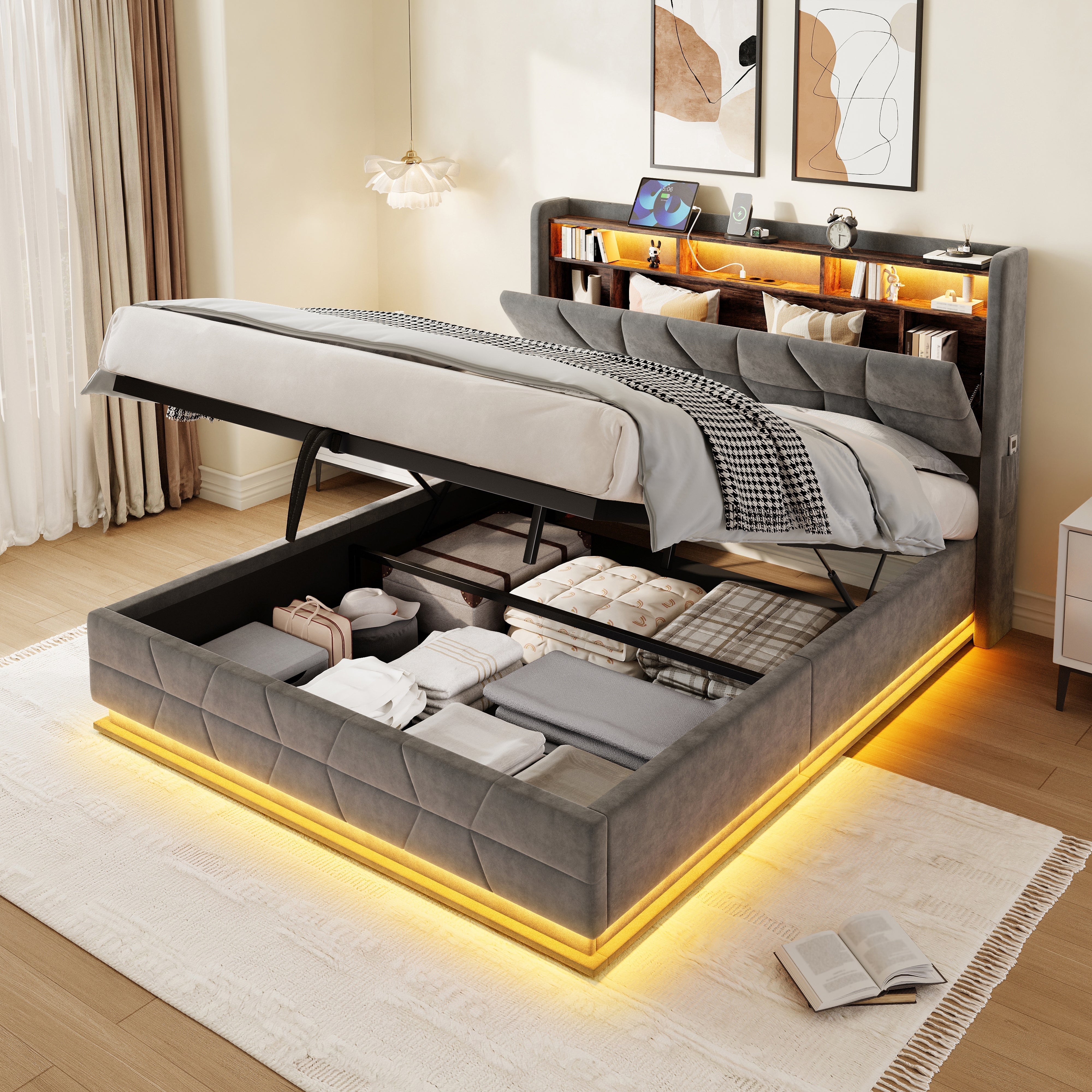 Multifunctional Bed with LED Lighting, Storage Headboard and USB Charging, 160x200cm Dark Grey Velvet