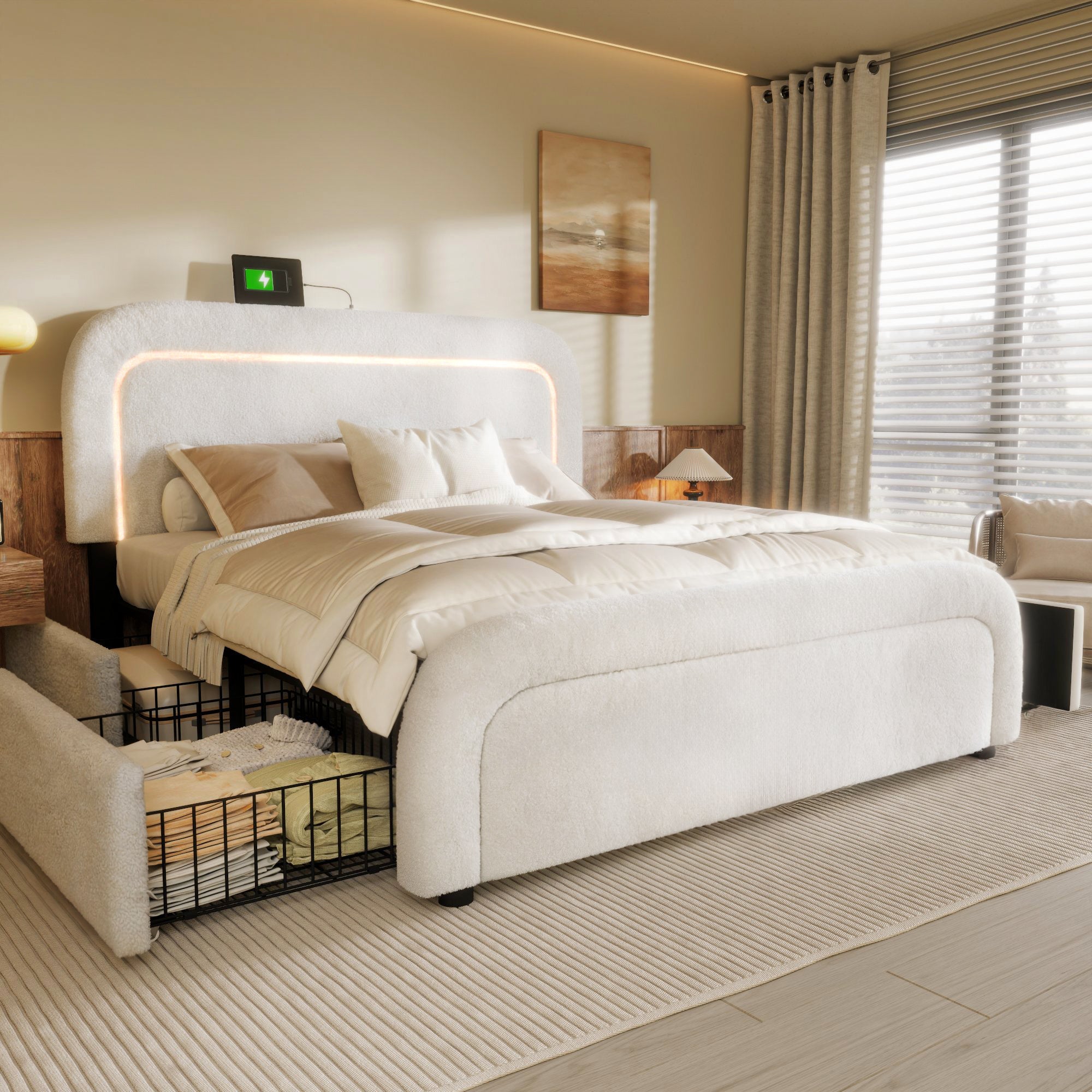 Bed Frame, USB-C Charging, LED, 4 Drawers, 140x200cm, Adjustable Headboard, Wooden Slats, Sherpa White