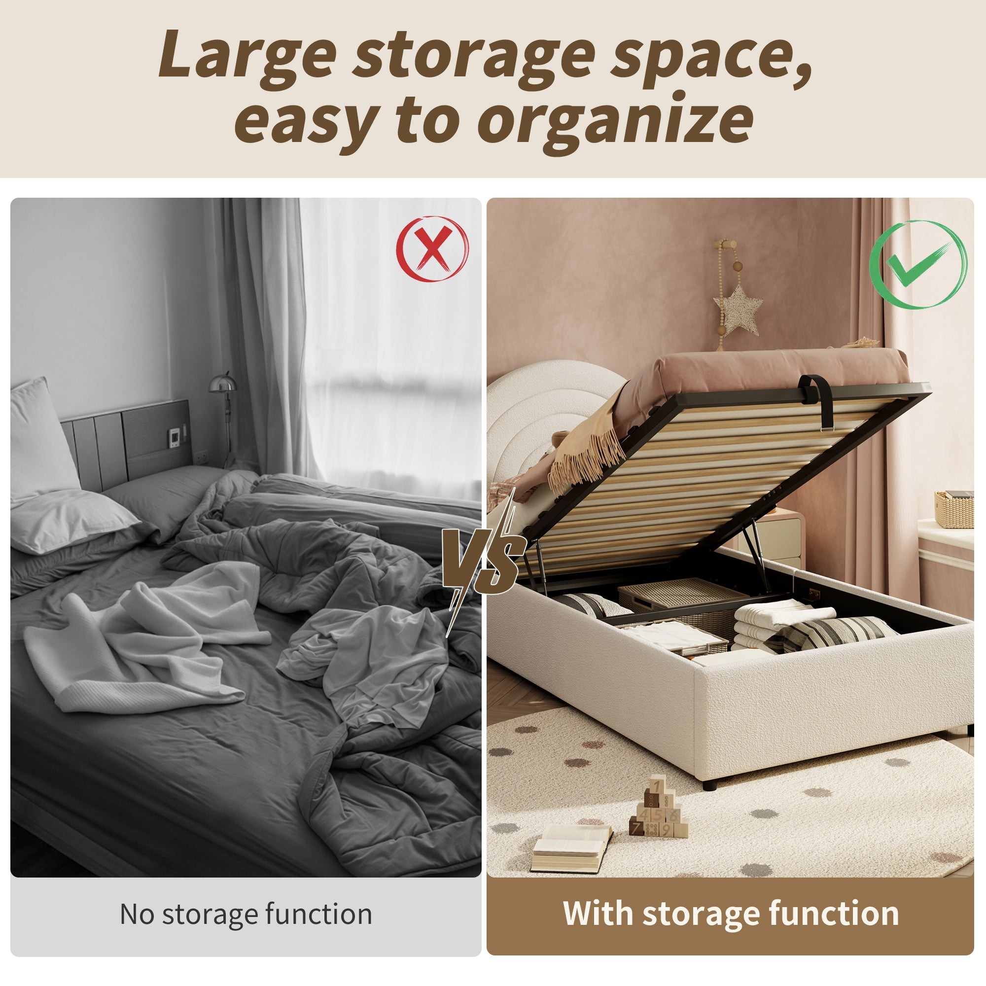 Upholstered Single Bed with Slatted Frame and Headboard, Boucle Beige