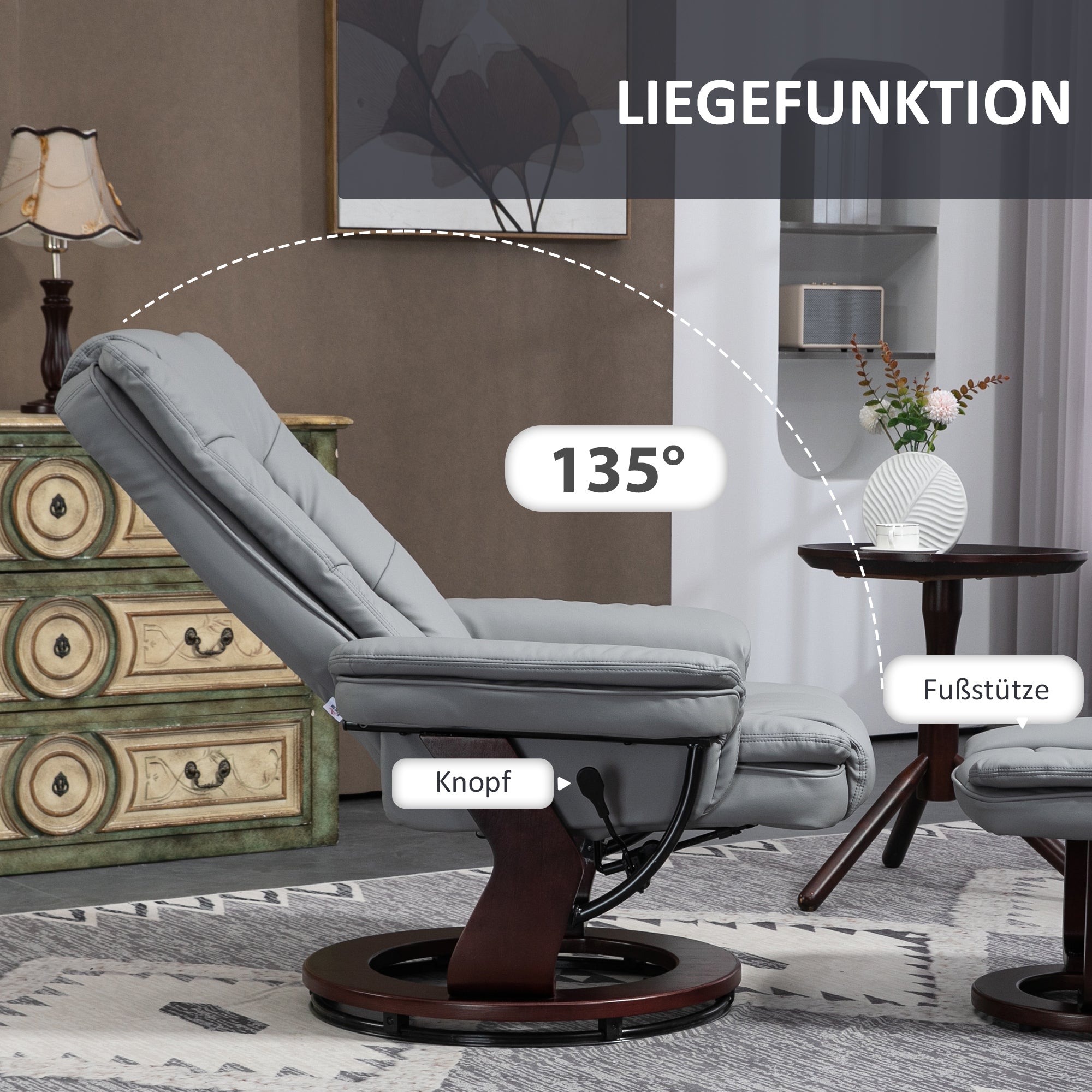 Reclining Armchair with Footstool, 360° Swivel Lounge Chair, Faux Leather Grey