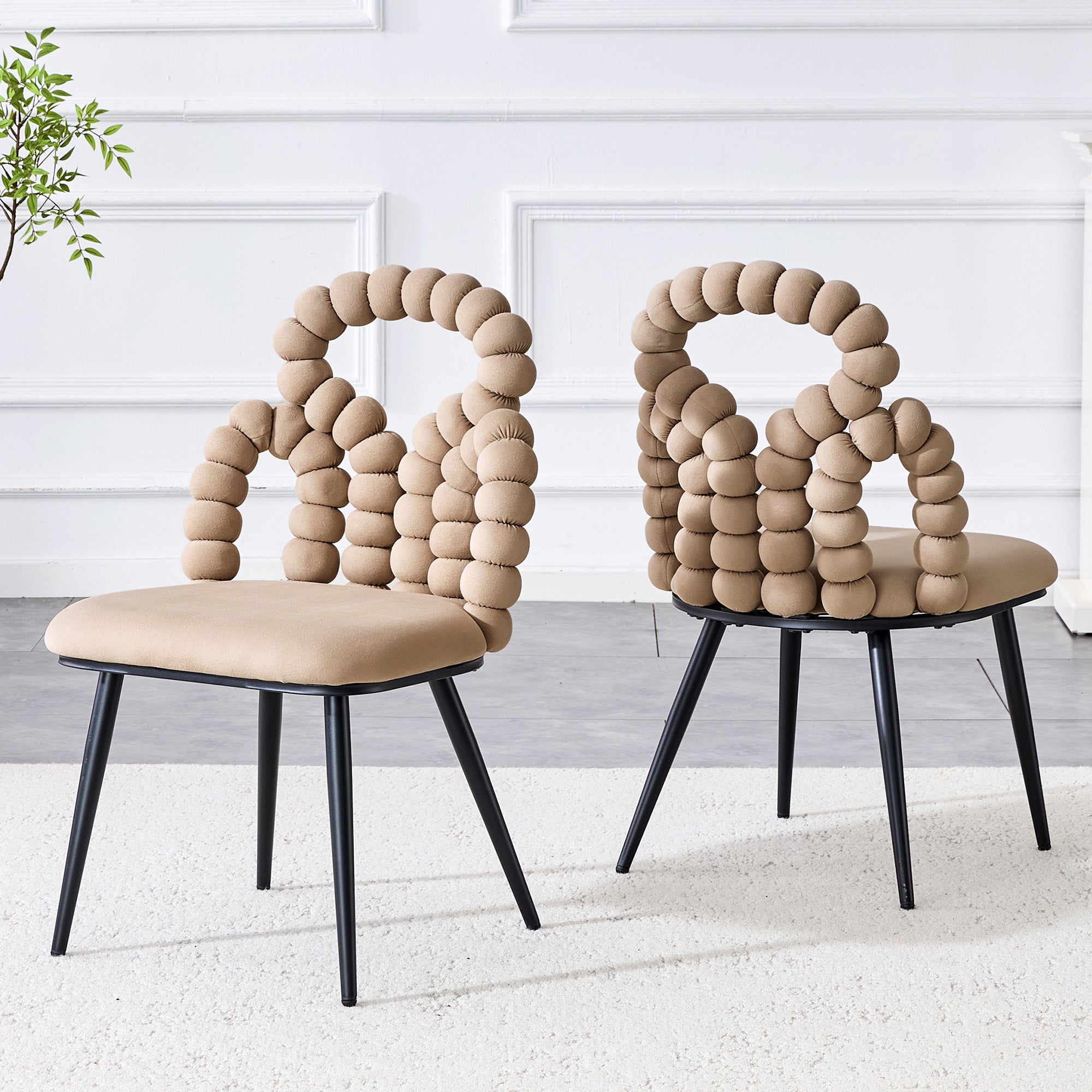 Velvet Dining Chairs Set of 2 Ball Chain Backrests Black Metal Camel