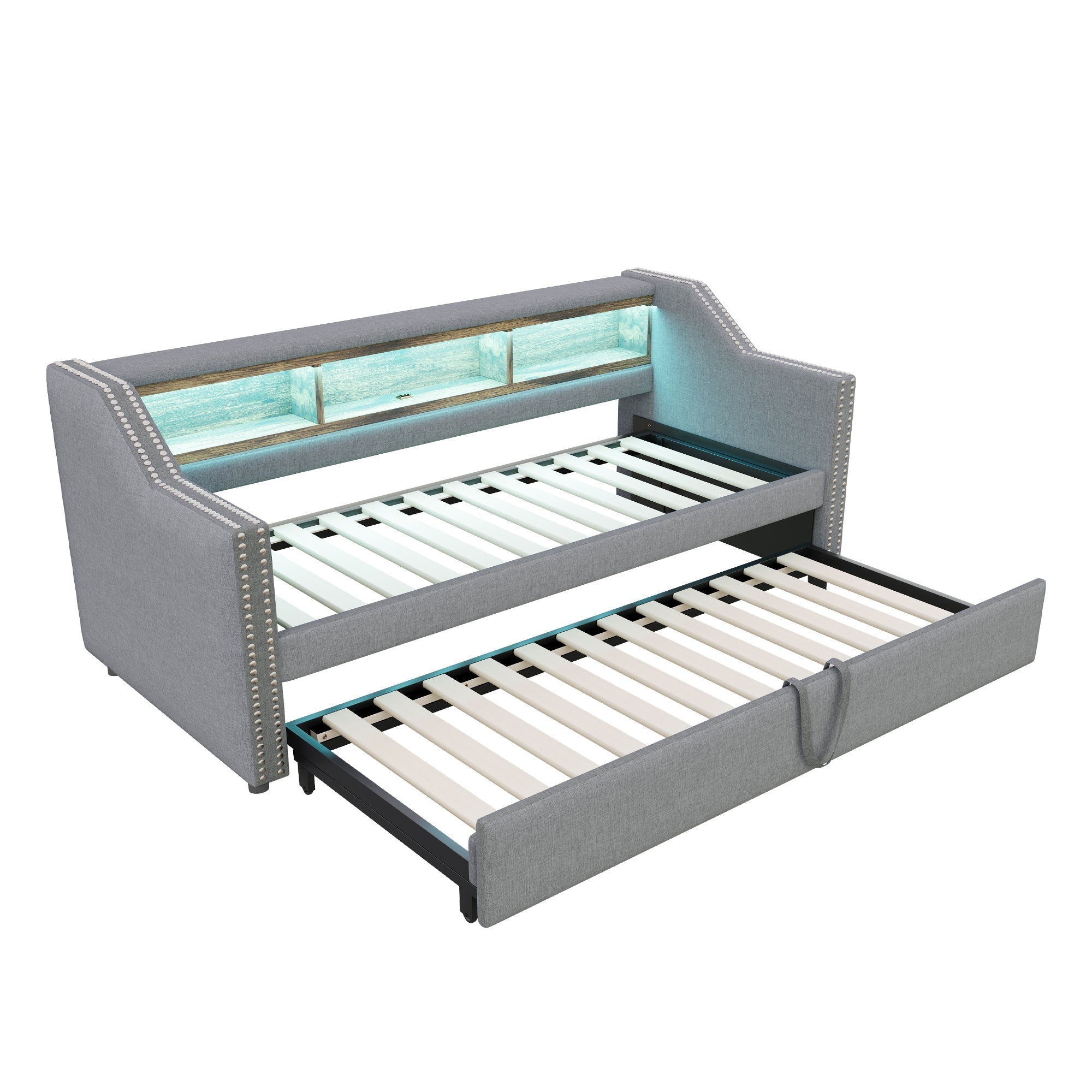 Upholstered Bed Pull-out Sofa Bed 90/180 x 190 cm with Storage, LED, USB, Slatted Frame, Light Grey