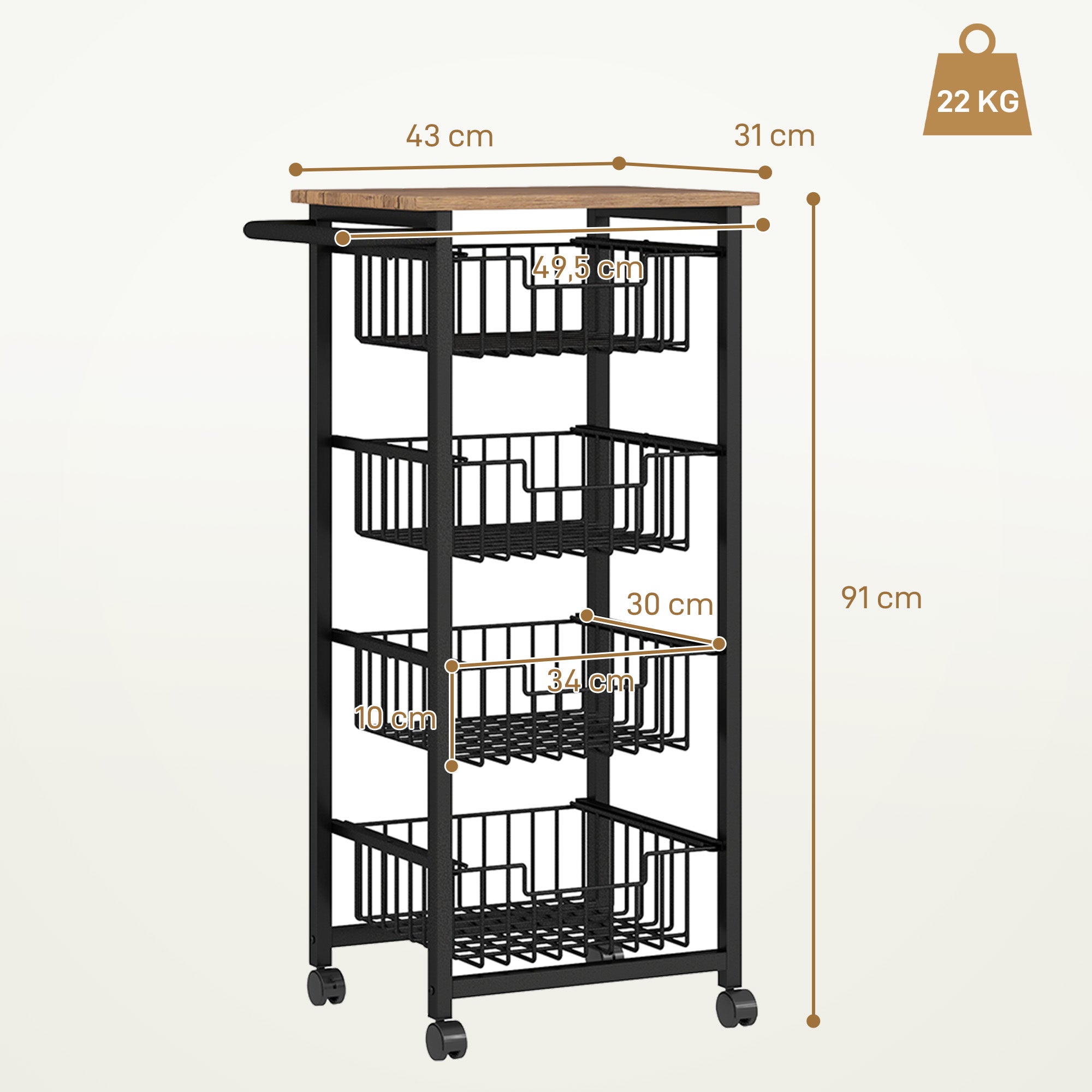 Kitchen Trolley Serving Cart with Worktop, 4 Extendable Baskets, Oak