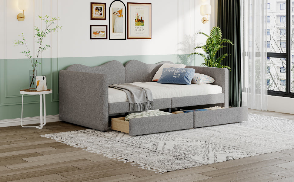 Children's Bed, Upholstered Sofa Bed with 2 Drawers, Teddy Bear Fabric, Gray