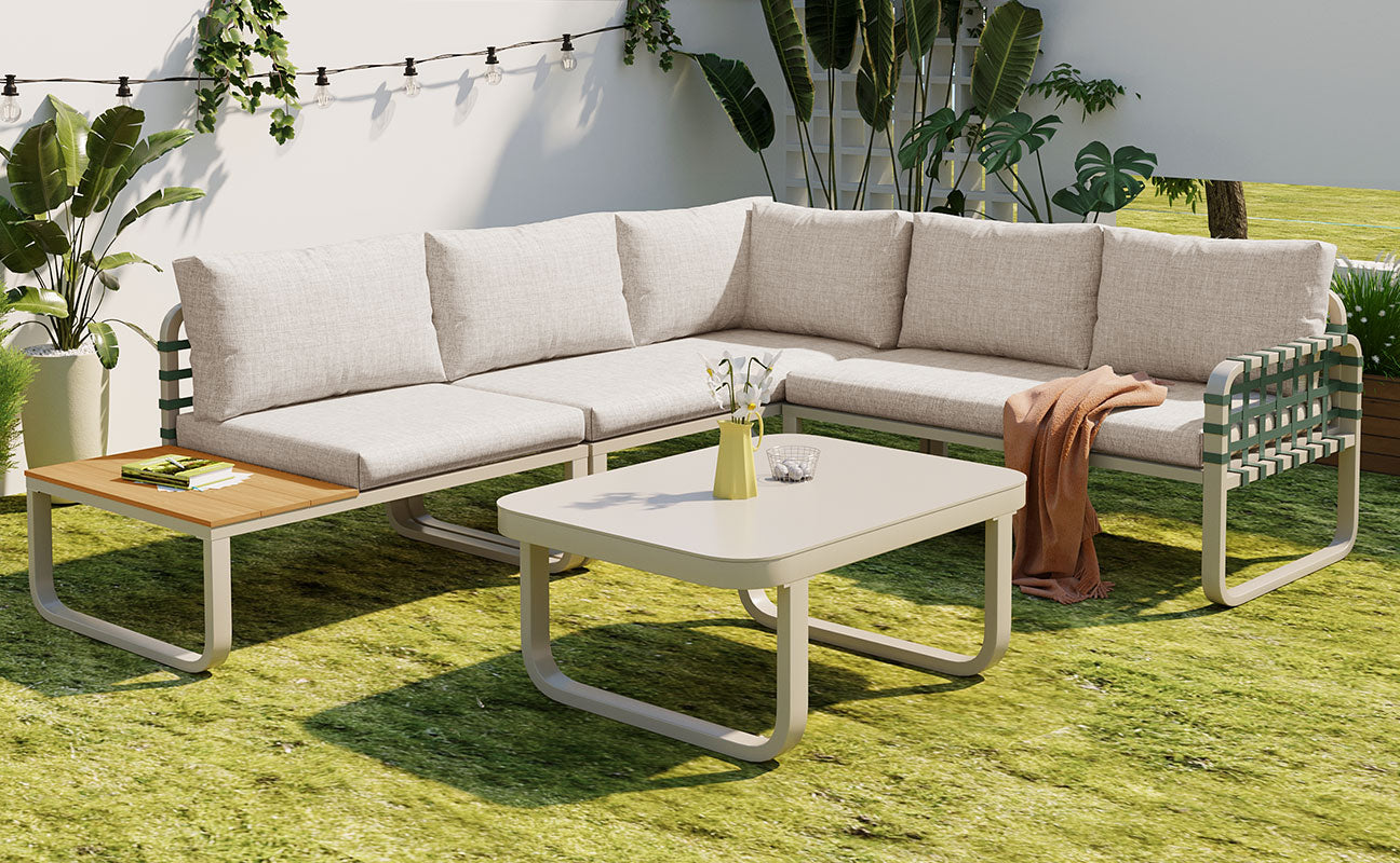 Garden Lounge Set 4-5 Seater Rattan Outdoor Sofa with Cushions - Apricot