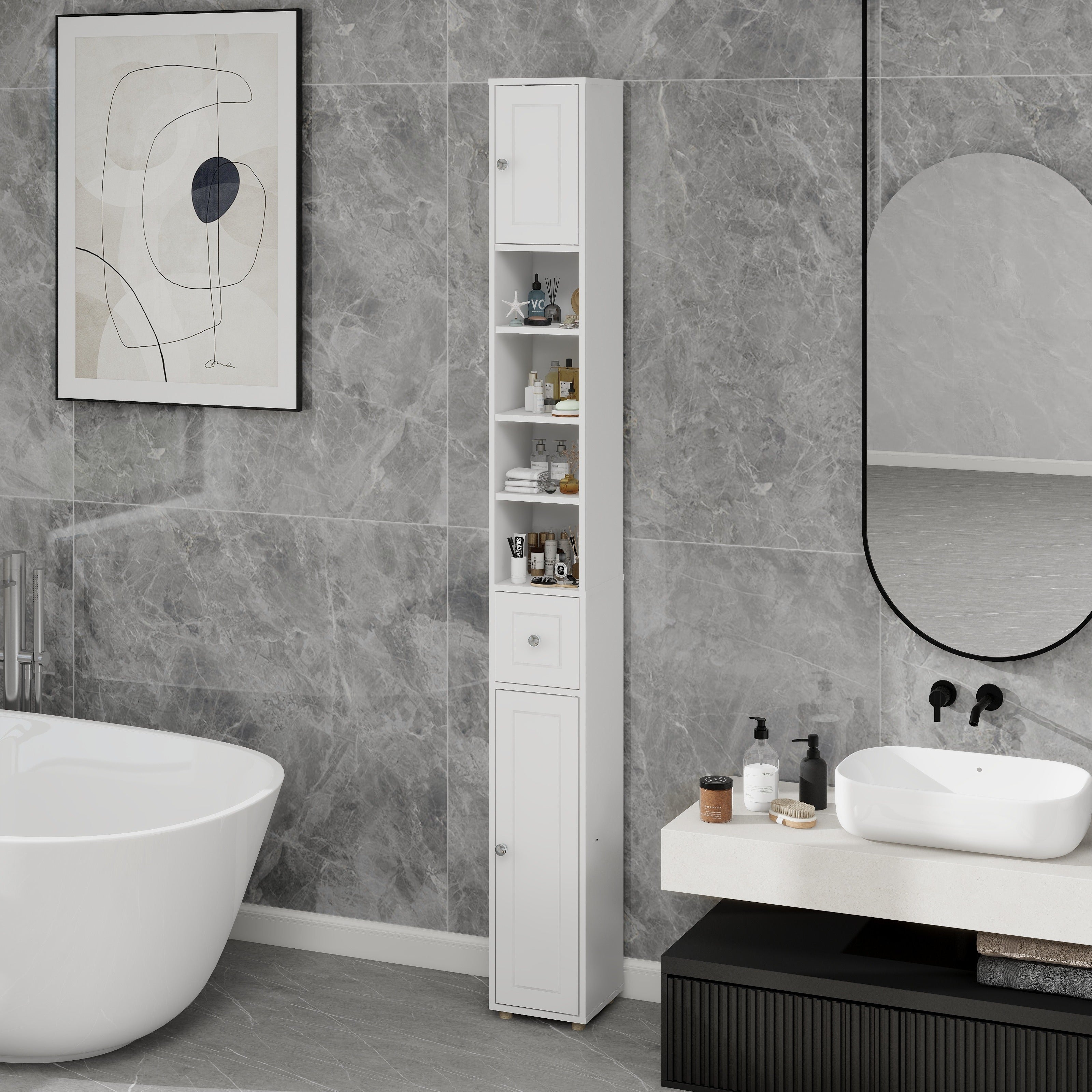 Tall Slim Bathroom Storage Cabinet, 71" Freestanding with 1 Drawer, 2 Doors, 4 Shelves-White