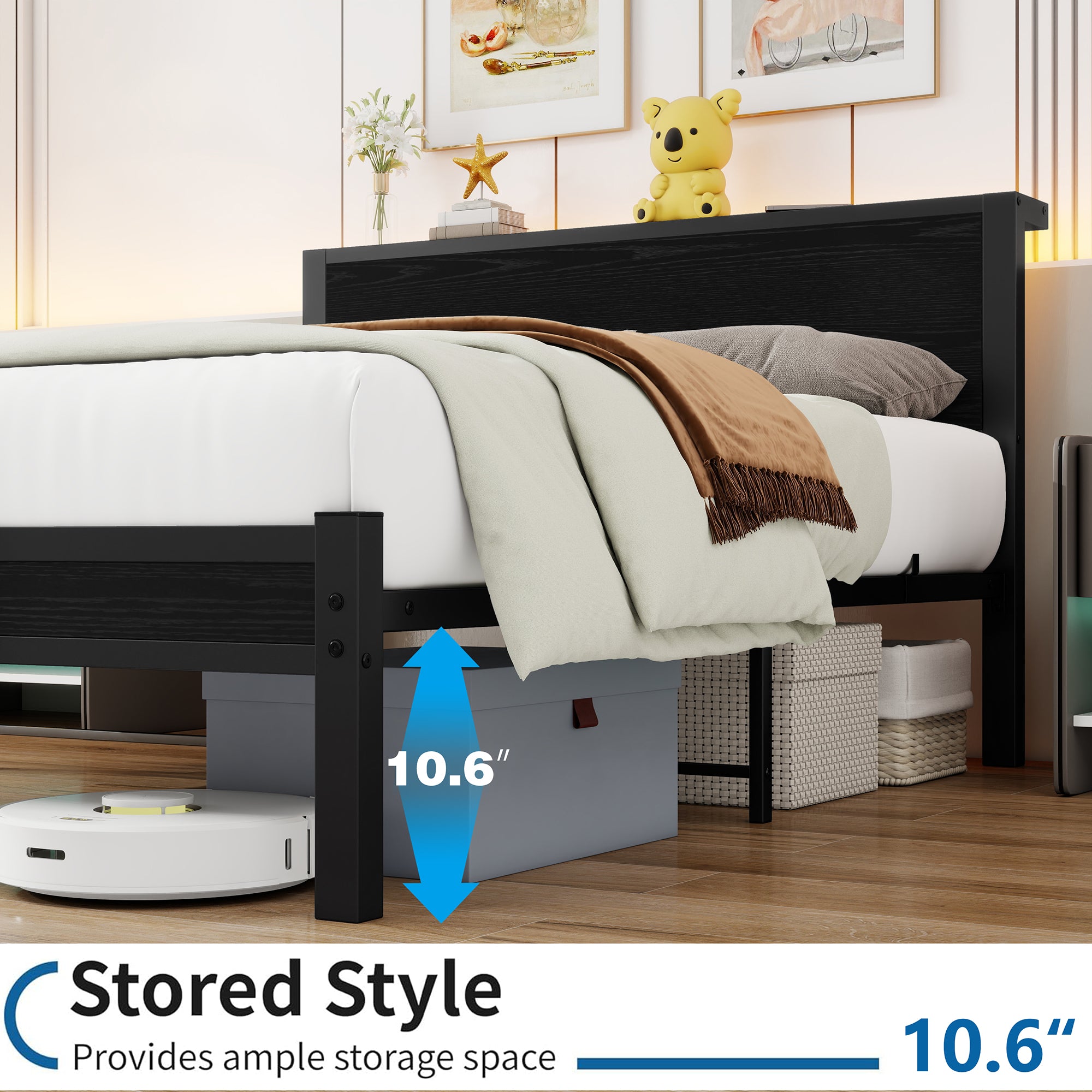 Metal Bed Frame 140x200cm Storage Headboard Noiseless - Black
