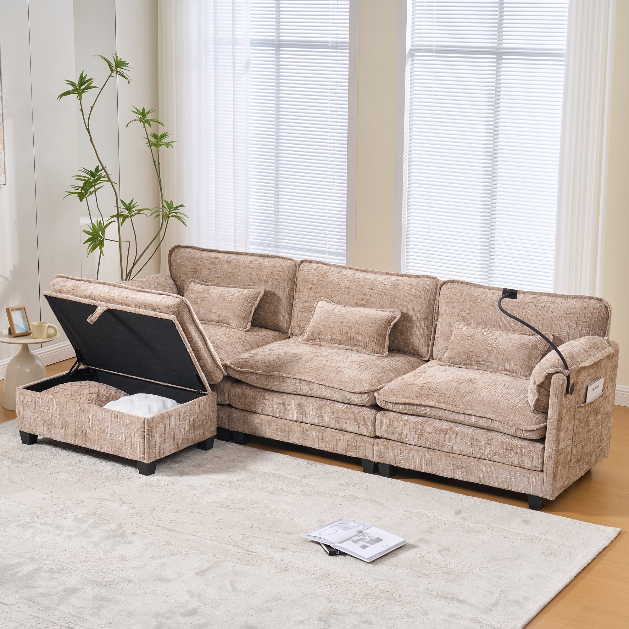 Modern 2-seater Sofa USB Storage Modular Footstool - Khaki Chenille