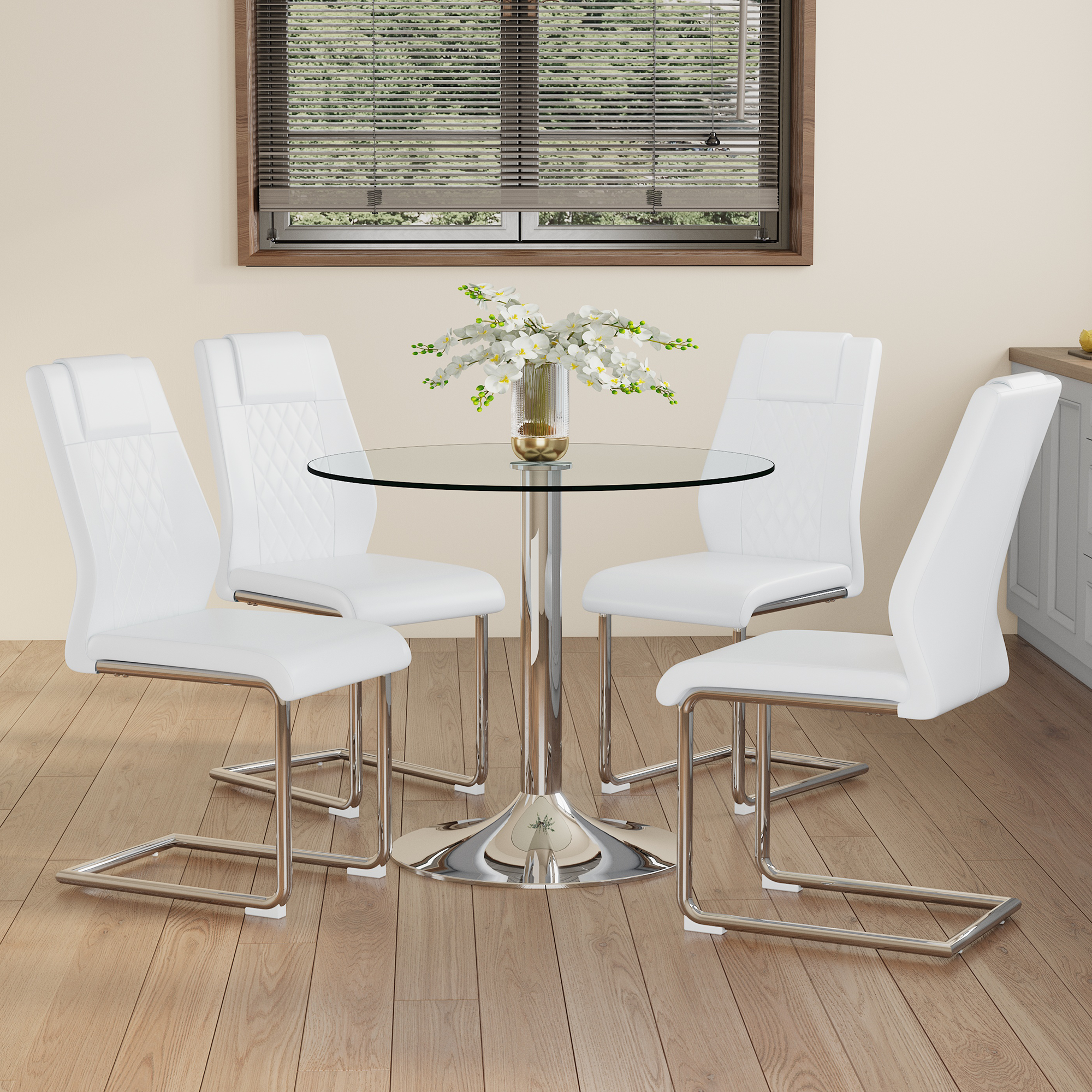 Dining Set - Minimalist Glass Table 85cm with 4 Chairs Metal Legs - White PU
