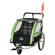 2-in-1-Fahrradanhänger, 2 Kinder, Schiebewagen, Regenverdeck, Bremse, Grün