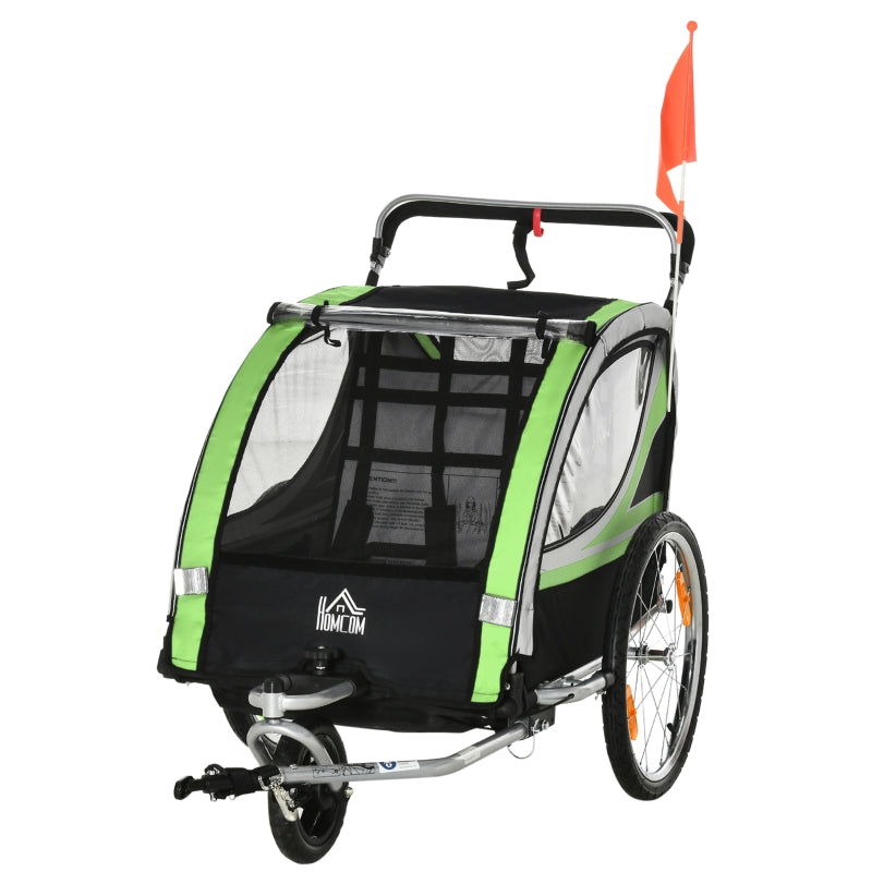 2-in-1-Fahrradanhänger, 2 Kinder, Schiebewagen, Regenverdeck, Bremse, Grün
