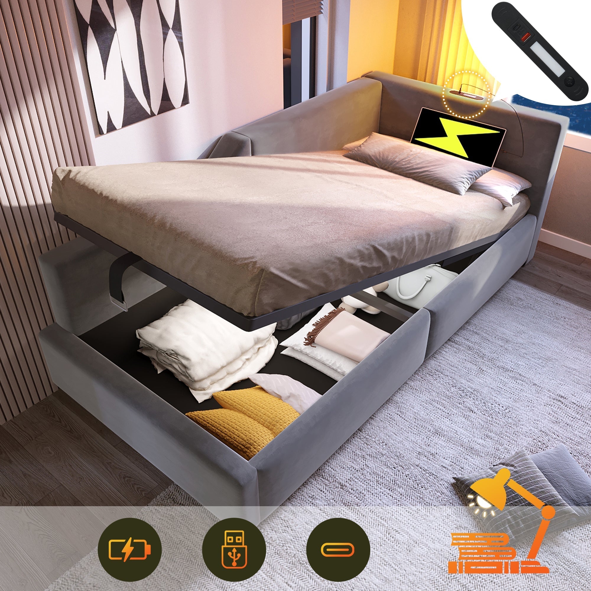 Upholstered Daybed 90x200cm, Sofa Bed with Hydraulic Storage, Reading Light, USB-C, Velvet Grey