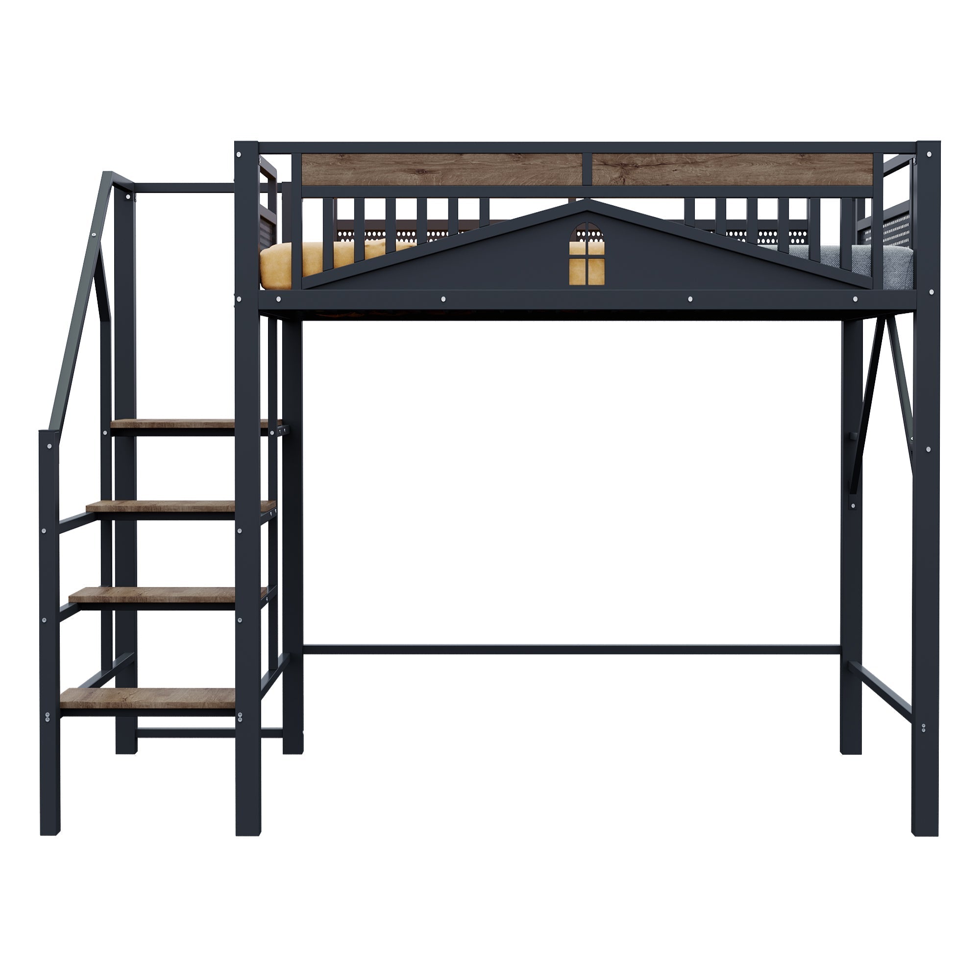 Loft Metal Bed 140x200 cm with Security Steps and Wood Accents, Black or White
