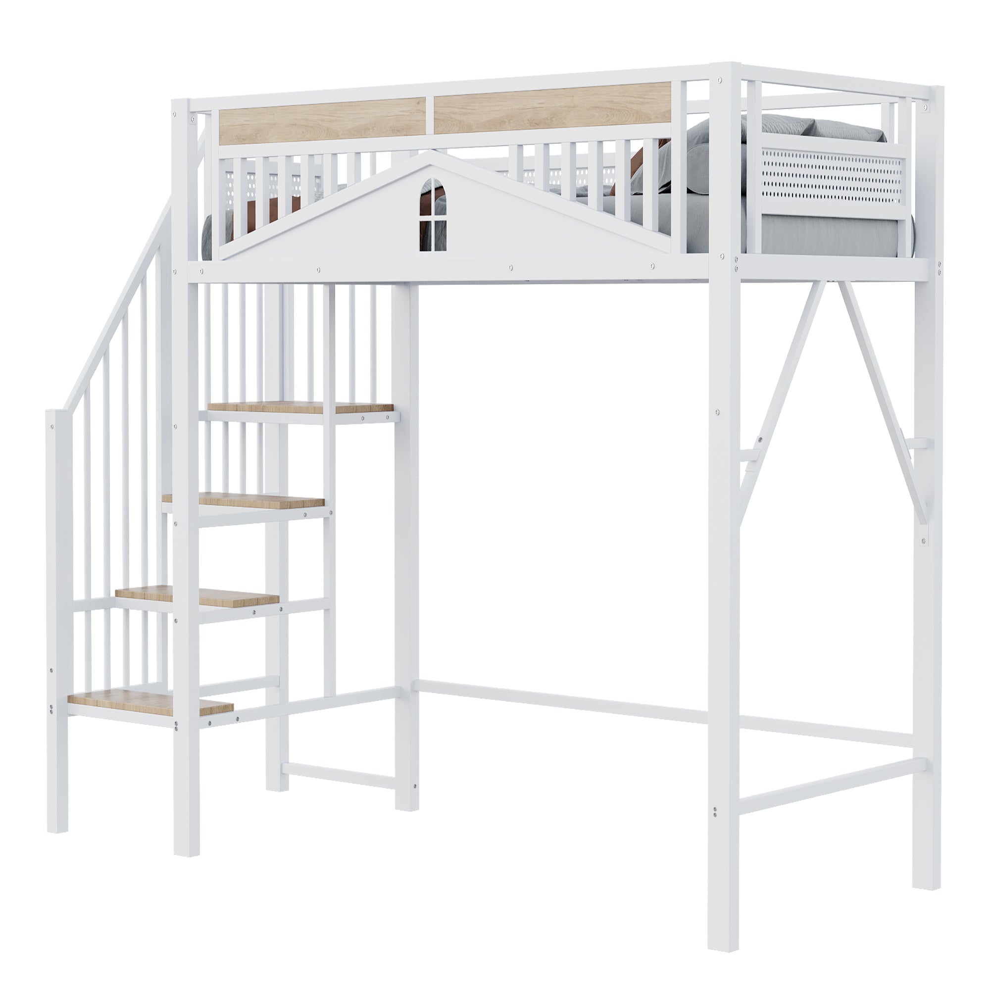 Metal Loft Bed, 90x200cm, Safety Rail with Window & Ladder, White