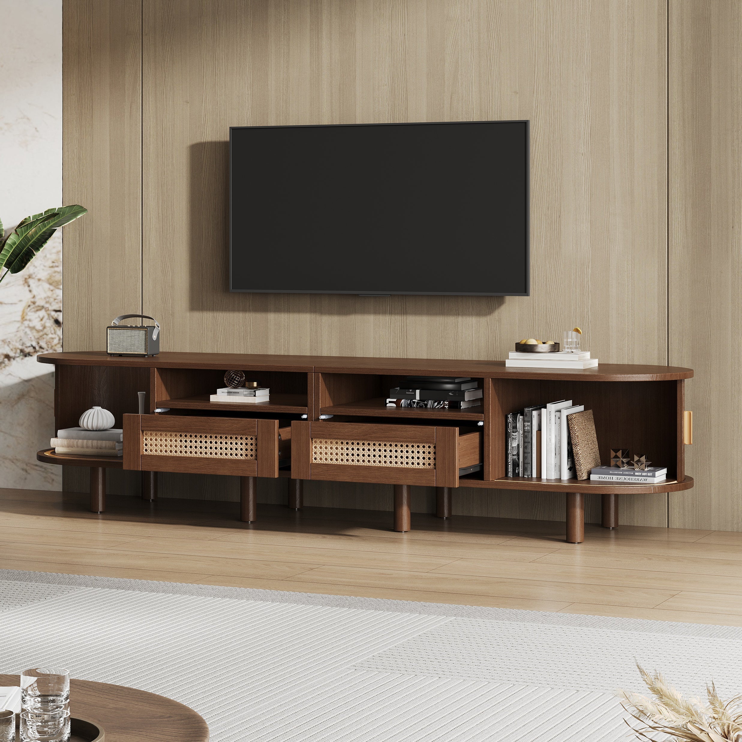 Oval TV Stand 170cm with Rattan Drawers Sliding Doors 70-inch Walnut