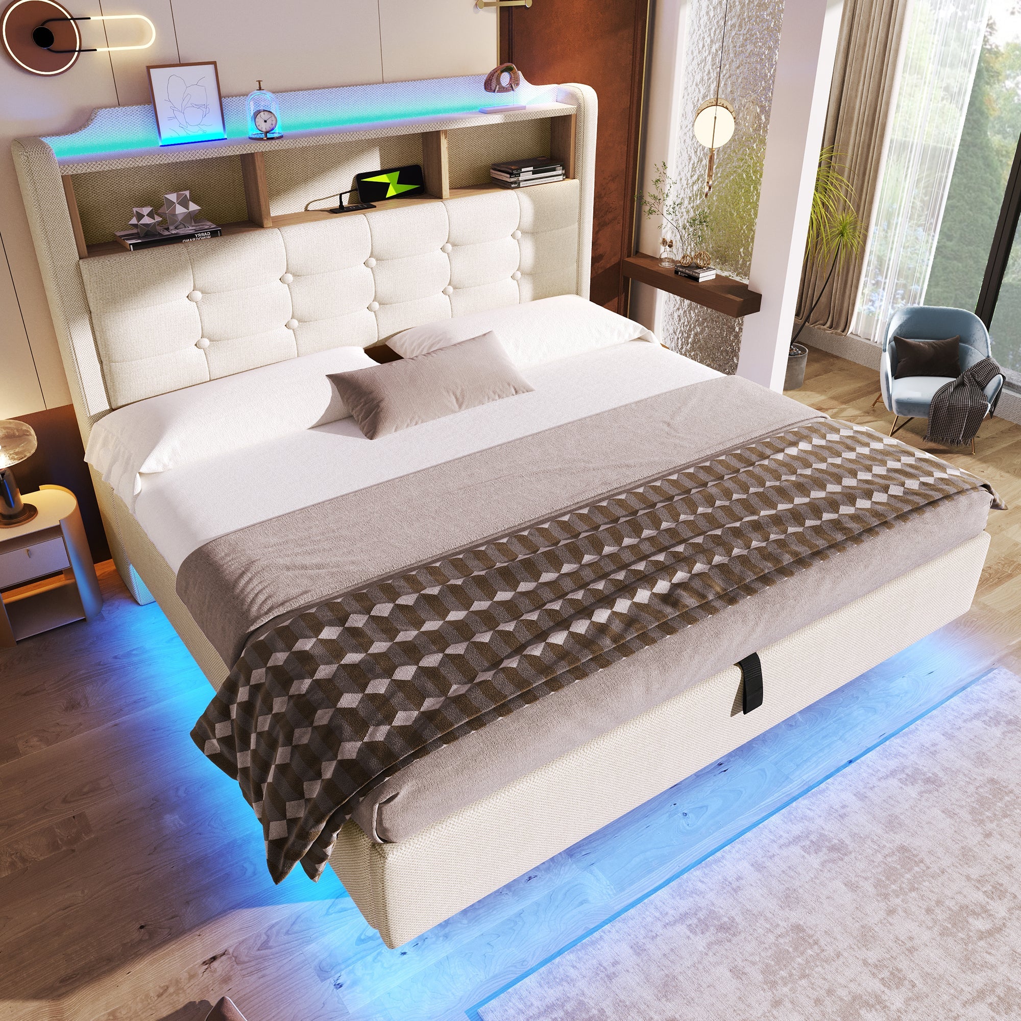 Upholstered Bed 140x200cm LED Light Strip Hydraulic Storage USB/Type-C Ports Linen Beige