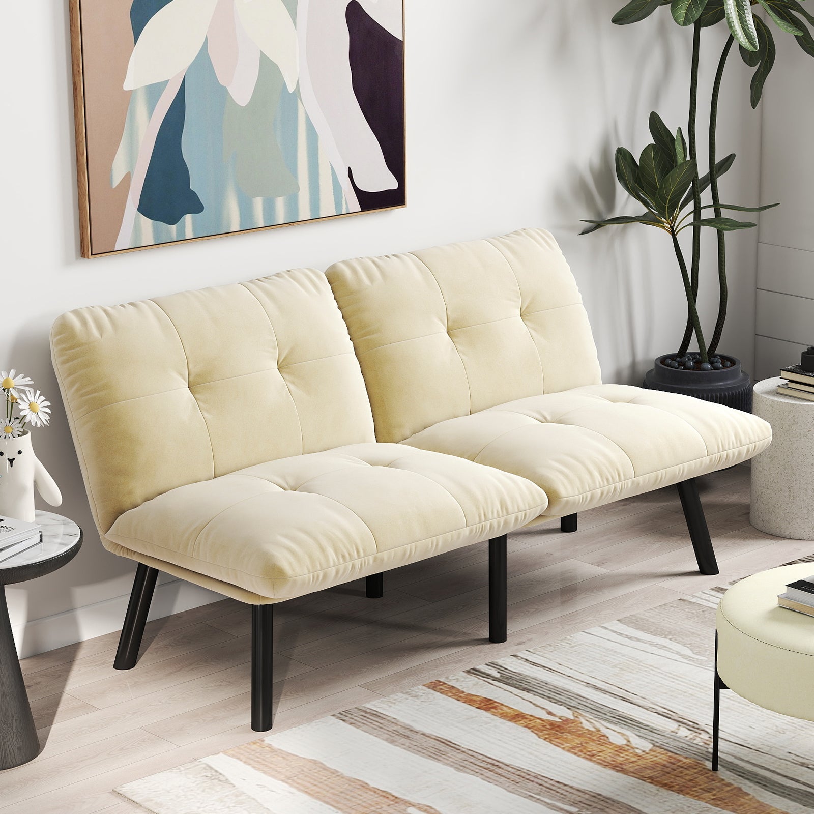 Sofa Bed 2-Seater Foldable Futon - Cream